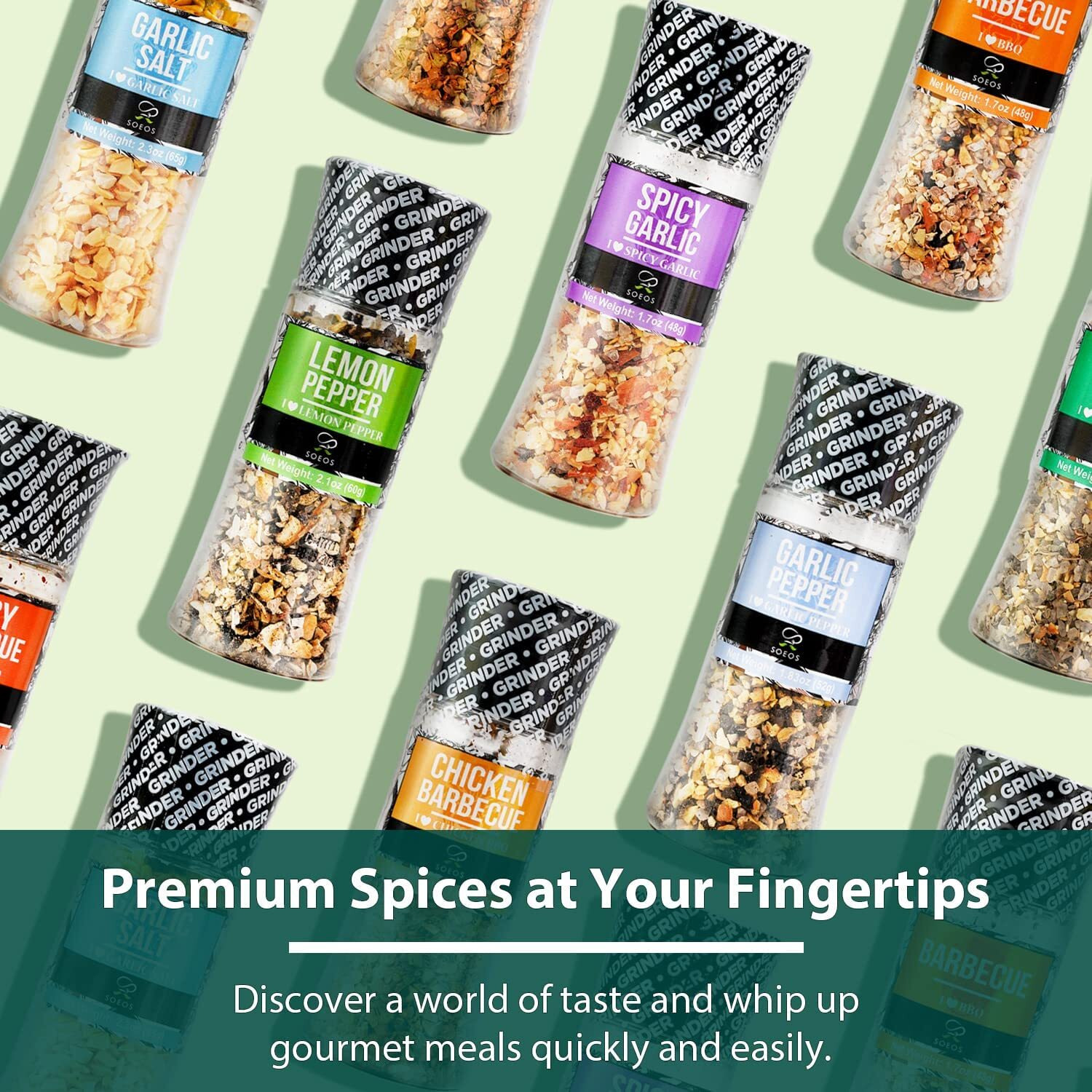 Soeos Spice Seasoning Set Of 9 With Integrated Grinders, Individual Spice Grinder, Pure And Fresh Perfect For Bbq Seasoning Gift Set, Grilling Spice, Pepper Grinder,Colorful