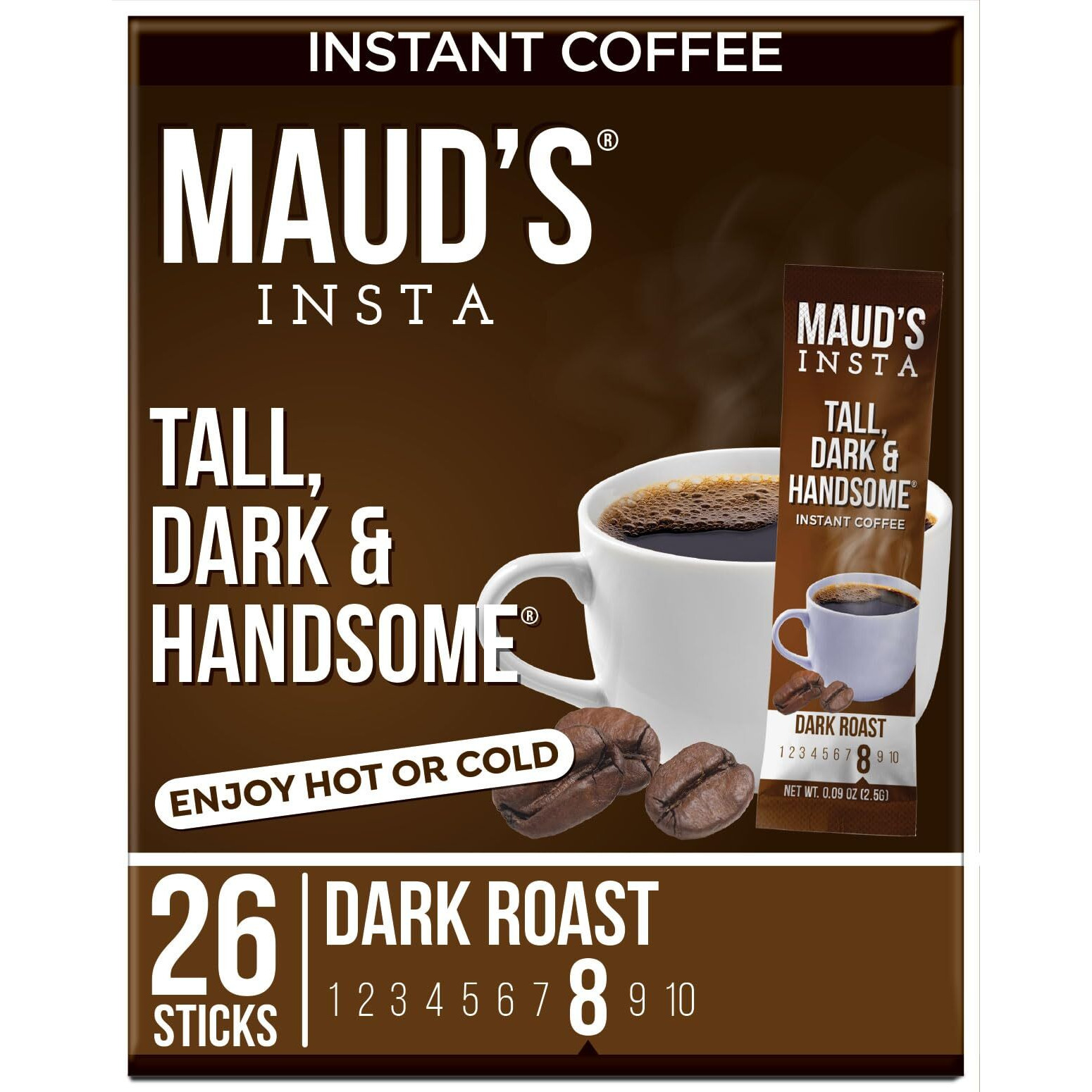 Maud's Dark Roast Instant Coffee Packets Single Serve, 26 Ct | Tall Dark & Handsome | 100% Arabica Dark Roast Coffee Solar Energy Produced | Instant Coffee Powder Travel Packs