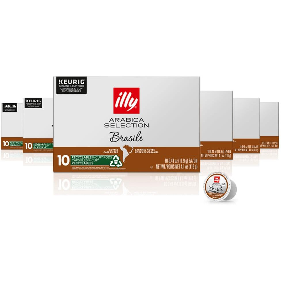 Illy Coffee K Cups - Coffee Pods For Keurig Coffee Maker - Brasile Bold Roast - Notes Of Caramel - Intense & Full-Flavored Flavor Pods Of Coffee - No Preservatives - 10 Count, 6 Pack