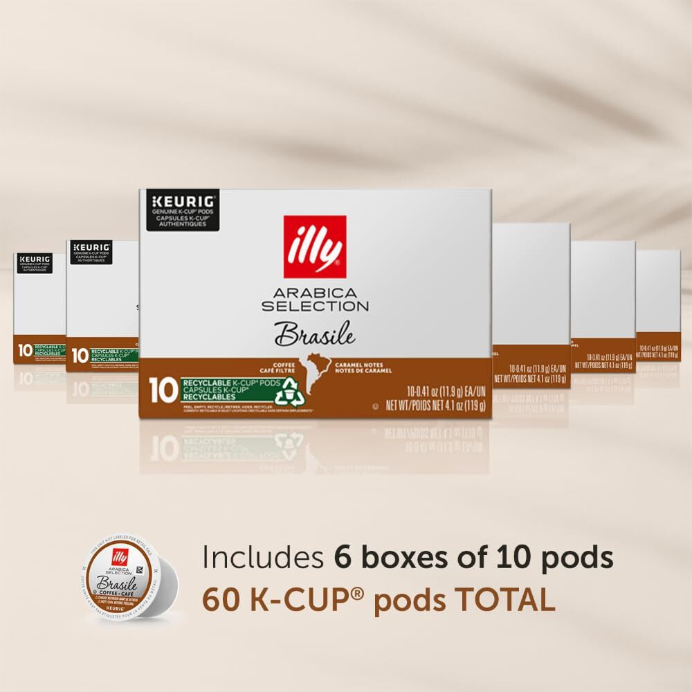 Illy Coffee K Cups - Coffee Pods For Keurig Coffee Maker - Brasile Bold Roast - Notes Of Caramel - Intense & Full-Flavored Flavor Pods Of Coffee - No Preservatives - 10 Count, 6 Pack