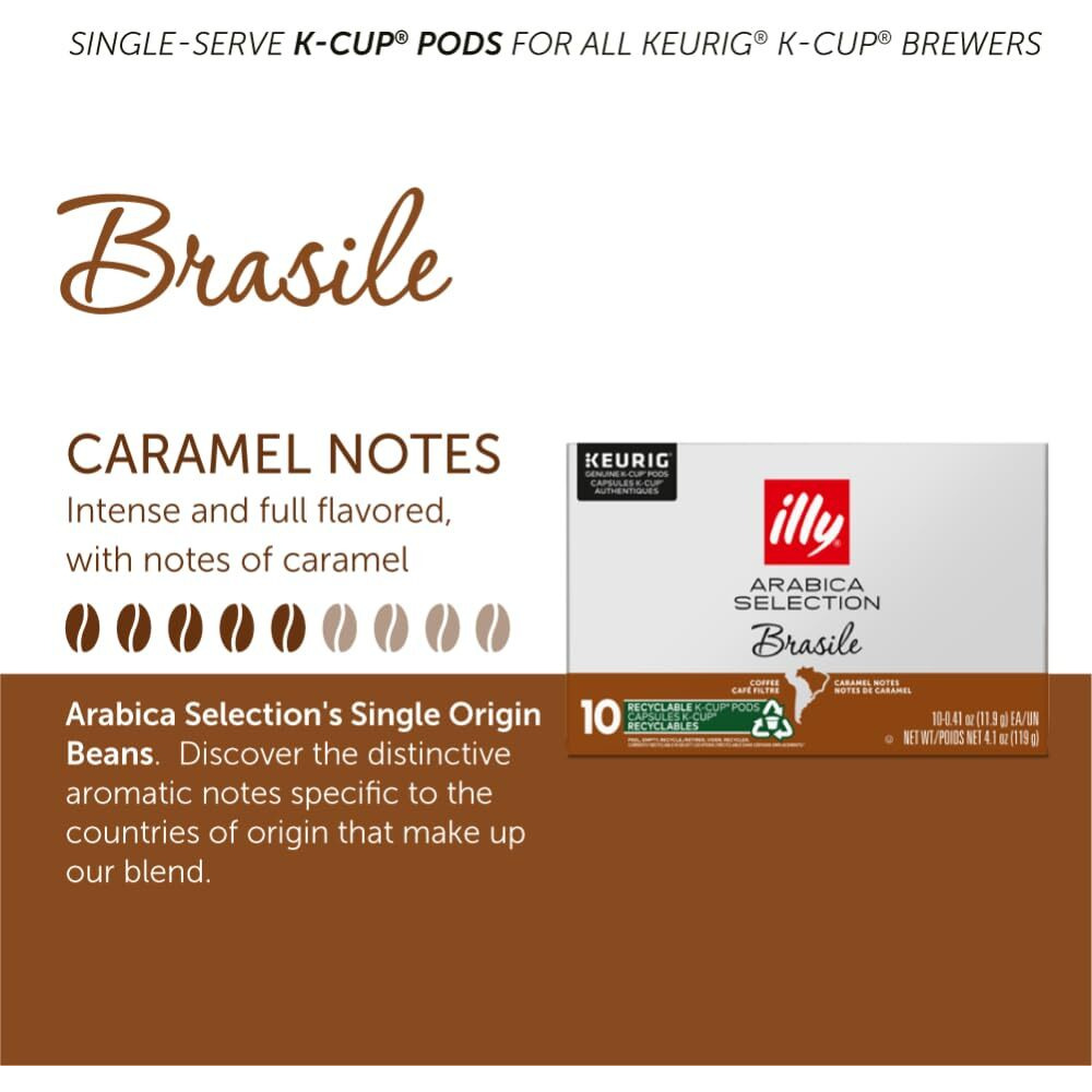 Illy Coffee K Cups - Coffee Pods For Keurig Coffee Maker - Brasile Bold Roast - Notes Of Caramel - Intense & Full-Flavored Flavor Pods Of Coffee - No Preservatives - 10 Count, 6 Pack