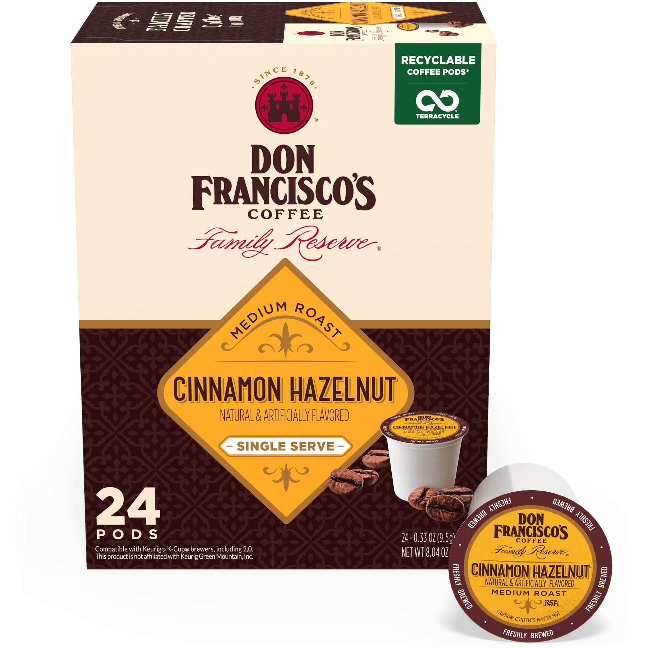 Don Francisco's Cinnamon Hazelnut Flavored Medium Roast Coffee Pods - 24 Count - Recyclable Single-Serve Coffee Pods, Compatible With Your K- Cup Keurig Coffee Maker
