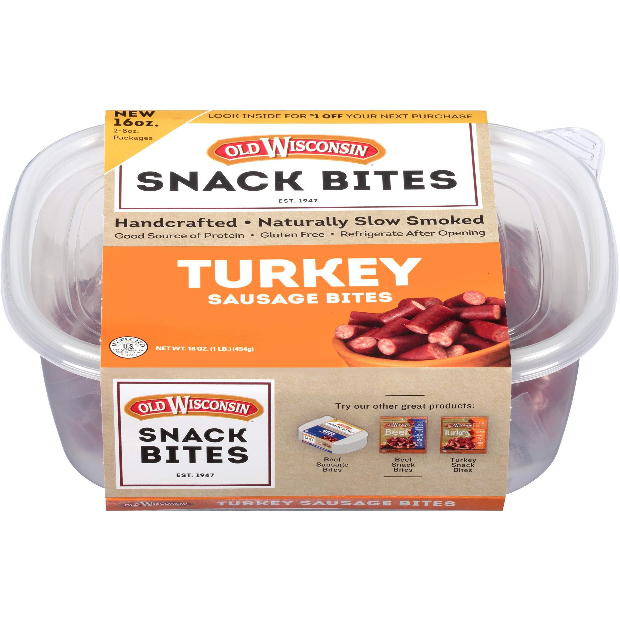 Old Wisconsin Turkey Sausage Snack Bites, Naturally Smoked, Ready To Eat, High Protein, Low Carb, Keto, Gluten Free, 16 Ounce Resealable Tub With Two Stay-Fresh 8 Ounce Packs
