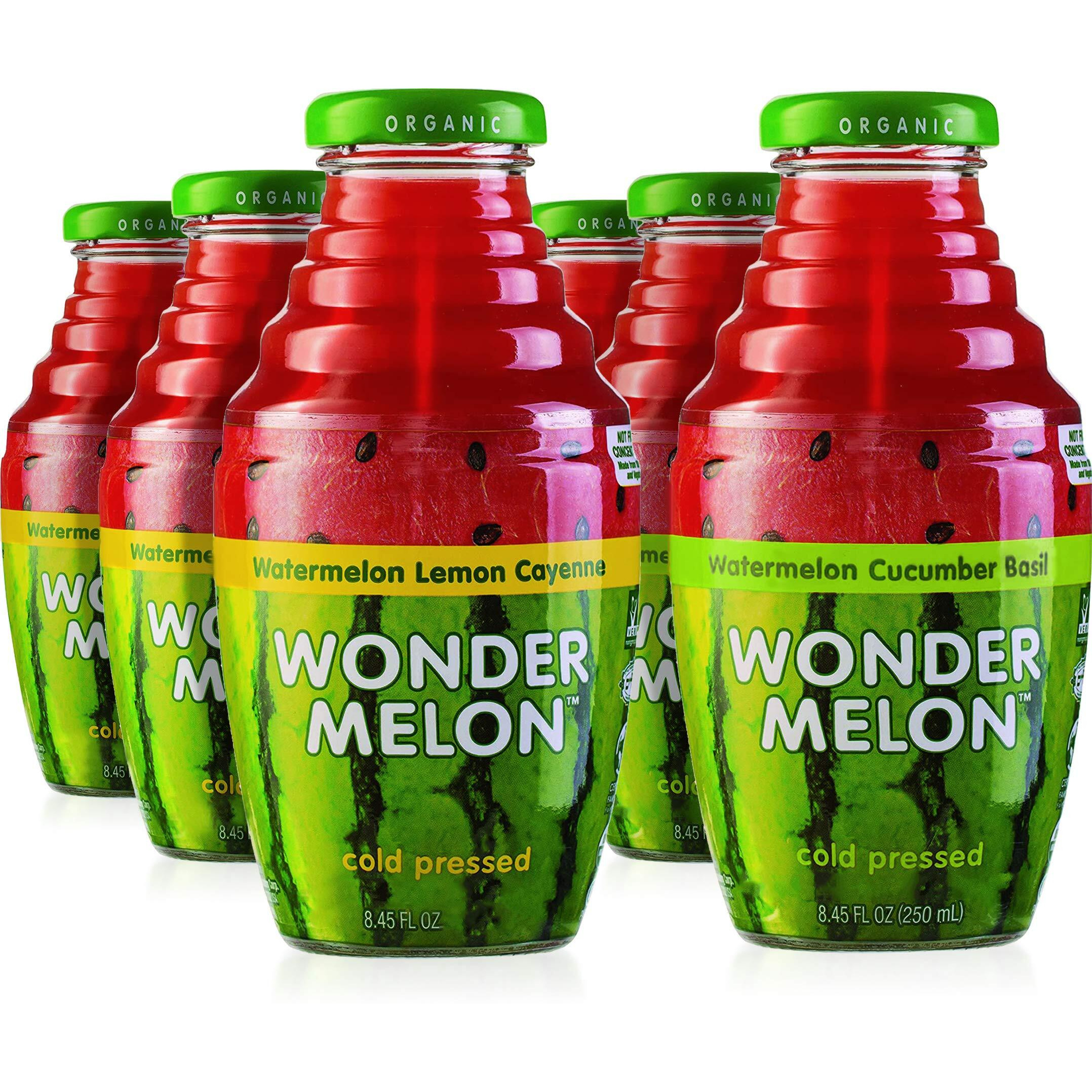 Wonder Melon Organic Watermelon Juice, Cold Pressed, (Variety 6 Pack) 3 Watermelon With Basil Cucumber & 3 Watermelon With Lemon Cayenne