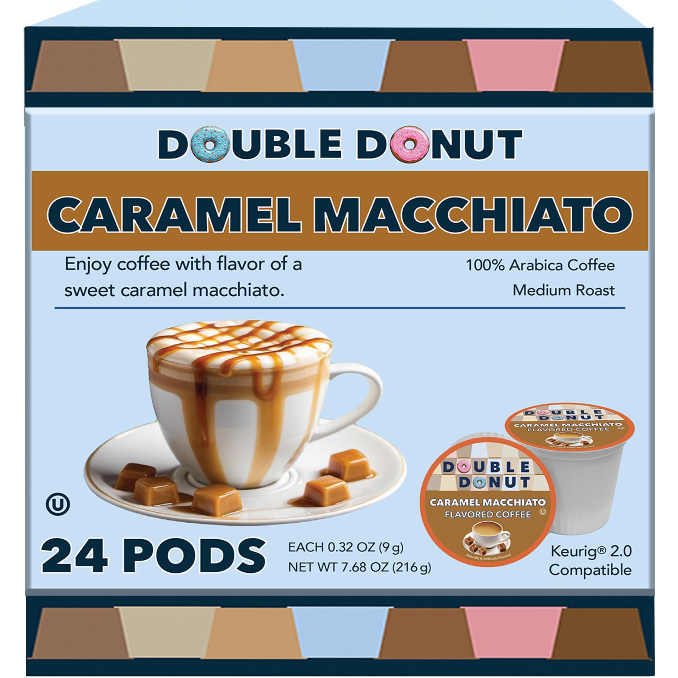 Double Donut Flavored Coffee Pods, Caramel Macchiato Coffee, Caramel Coffee For Keurig K Cups Machines, Medium Roast Coffee In Recyclable Pods, 24 Count