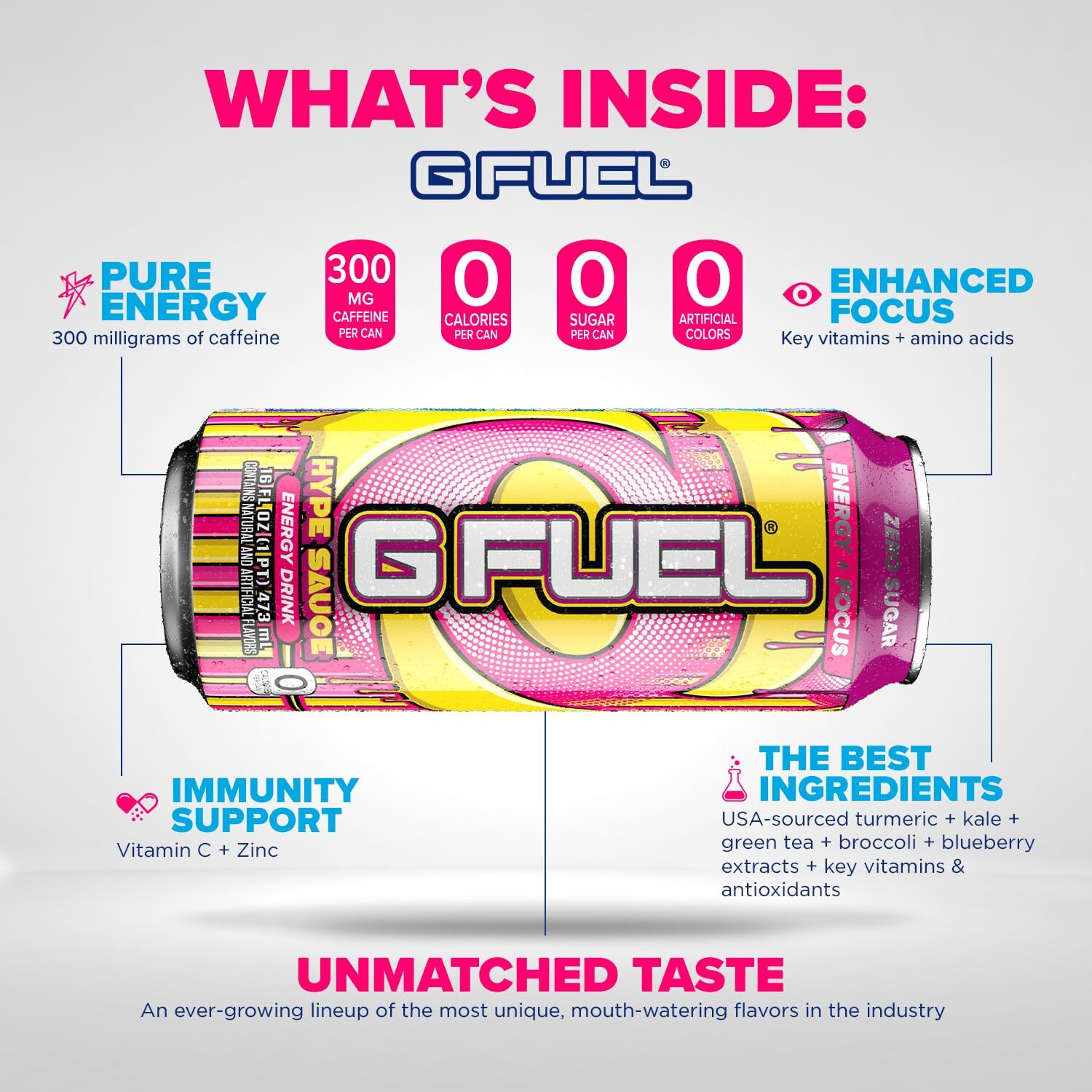 G Fuel Hype Sauce Energy Drink, Sugar Free, Healthy Drinks, Zero Calorie, 300 Mg Caffeine Per Carbonated Can, Raspberry + Lemonade Flavor, Focus Amino, Vitamin + Antioxidants Blend - 12 Pack