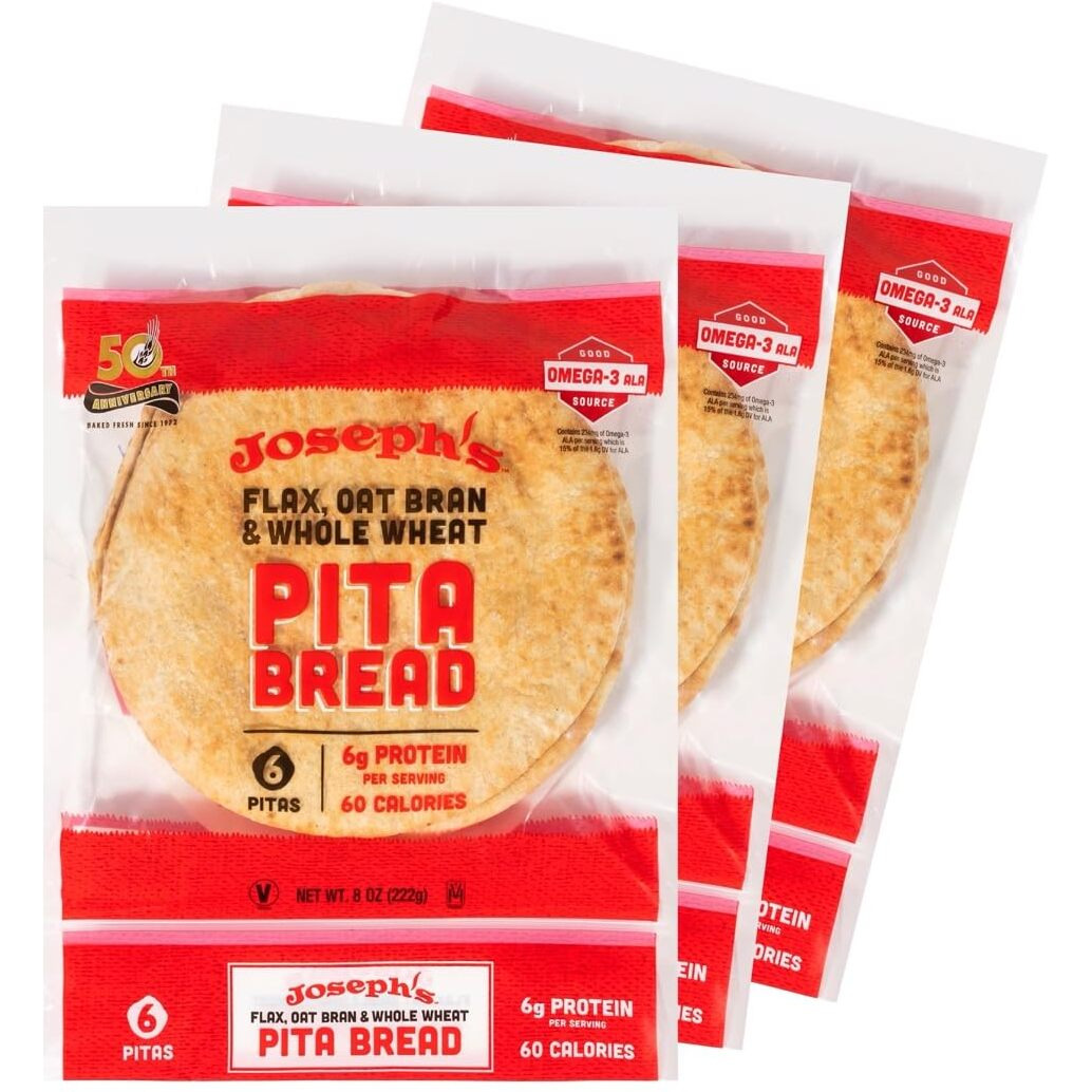 Flax Pita 3 Pack - Joseph's Pita Bread Value 3-Pack, Flax Oat Bran And Whole Wheat, 7G Carbs Per Serving, Fresh Baked (6 Per Pack, 18 Pitas Total)