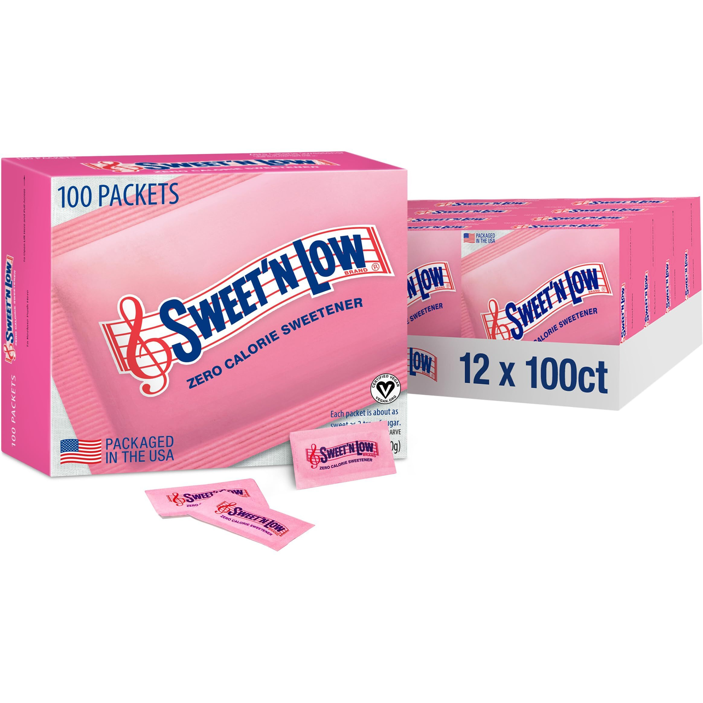 Sweet'N Low Zero Calorie Sweetener Packets, 100 Ct Box, 12 Pack, Kosher & Gluten Free, Low Glycemic Index, Individual Tea And Coffee Sweetener Packets