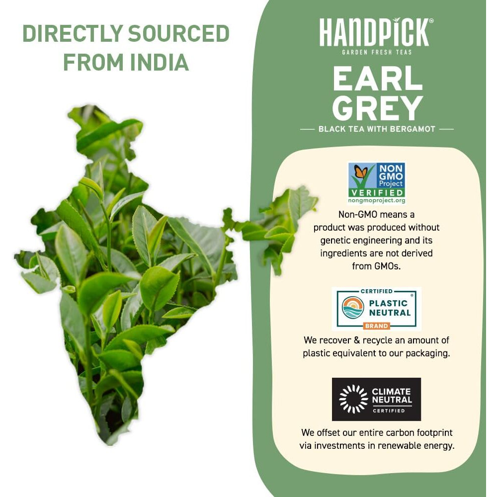 Handpick, Organic Earl Grey Black Tea Bags (100 Count) Double Bergamot Oil | Caffeinated, Usda Organic Earl Grey Tea Bags | Flavoured With Citrus And Bergamot Brew Hot/Iced Tea With Or Without Milk