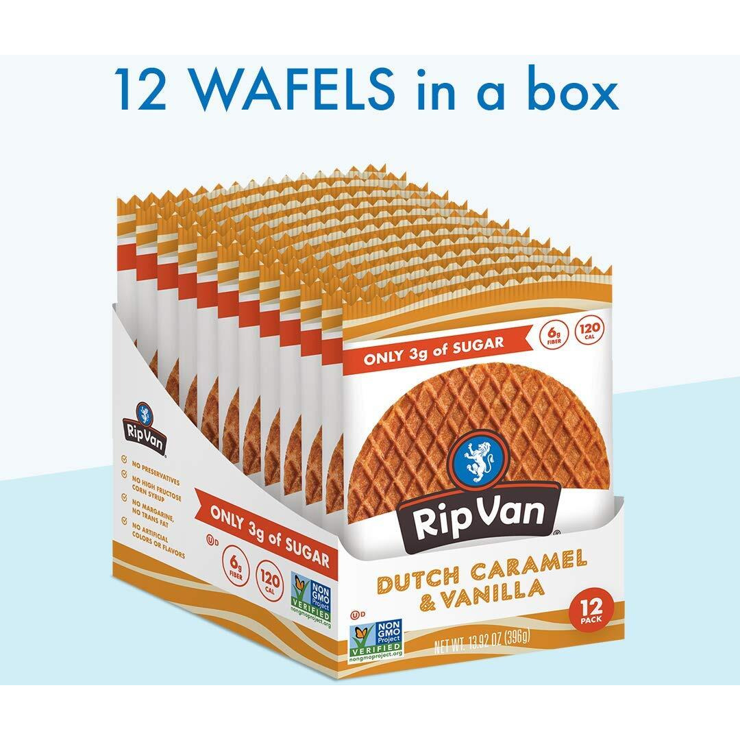 Rip Van Wafels Dutch Caramel & Vanilla Stroopwafels - Healthy Snacks - Non Gmo- Keto Friendly - Office Snacks - Low Sugar (3G) - Low Calorie- 48 Pack