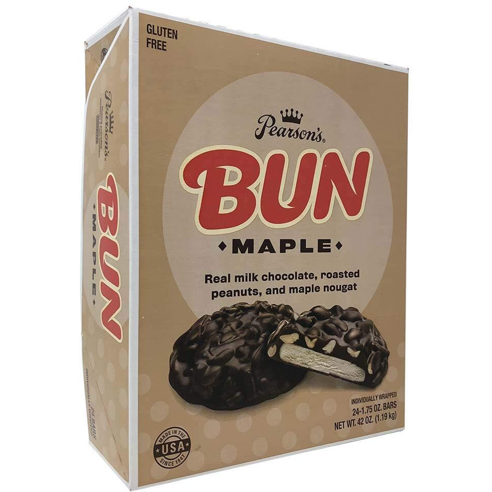 Pearson's Maple Bun Cluster Bar | Roasted Peanuts, Real Milk Chocolate, And Maple Nougat | Pack Of 24 |Individually Wrapped