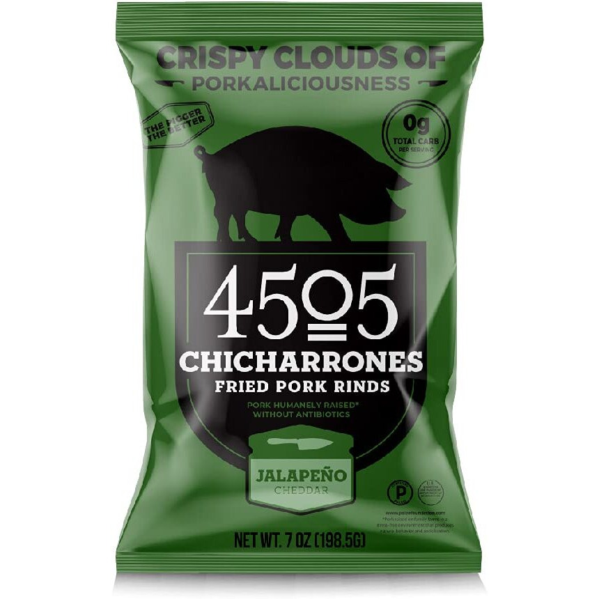 4505 Meats Jalapeno Cheddar Pork Rinds, Gluten Free Chicharrones, Keto Certified, Family Size Bag, 14 Servings, 7 Ounces