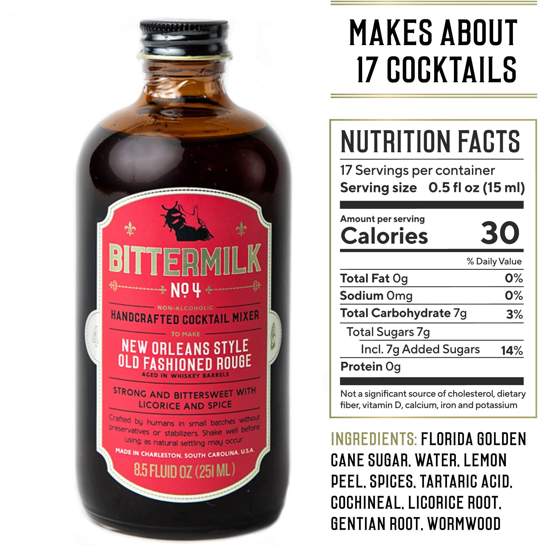 Bittermilk No.4 New Orleans Style Old Fashioned Rouge - Old Fashioned Mix - All Natural Handcrafted Cocktail Mixer - Makes 17 Cocktails