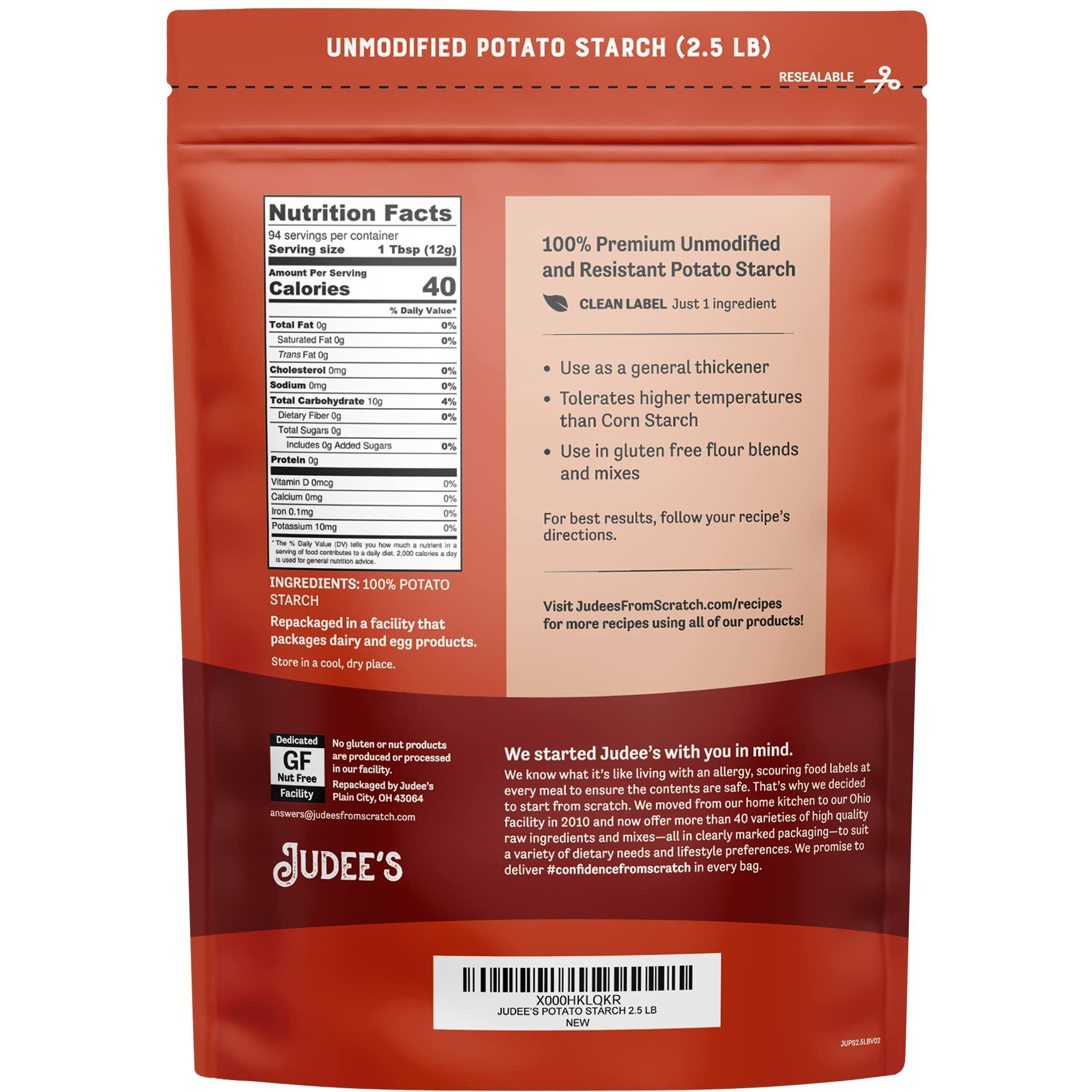 Judees Unmodified Potato Starch 2.5 Lb - Just One Ingredient - Great For Breading, Thickening, Cooking, And Baking - 100% Non-Gmo, Gluten-Free, And Nut-Free - Resistant To High Temperatures