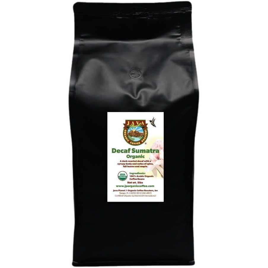 Low Acid Organic Coffee - Whole Bean, Mold-Free & Stomach Friendly By Java Planet, Sumatran Single Origin Decaf Coffee, Dark Roast, Smooth Full Flavored, 5Lb Bag