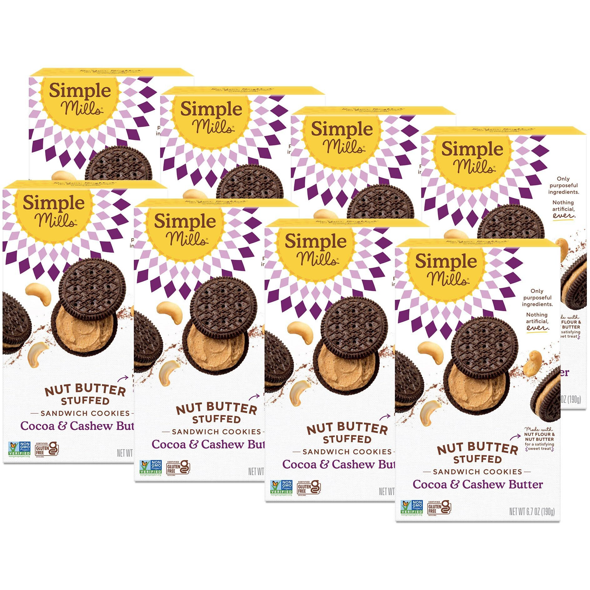 Simple Mills Nut Butter Stuffed Sandwich Cookies, Cocoa Cashew Crme, Nothing Artificial, Vegan Friendly, Kosher, Gluten Free & Non-Gmo, 6.7 Ounce (Pack Of 8)
