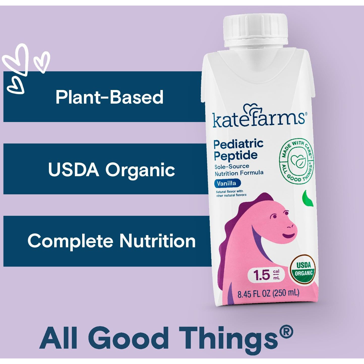 Kate Farms Organic Pediatric Peptide 1.5 Formula, Vanilla, Sole-Source Hydrolyzed Plant-Based Nutrition For Oral Or Tube Feeding, 8.45 Oz (12 Pack)