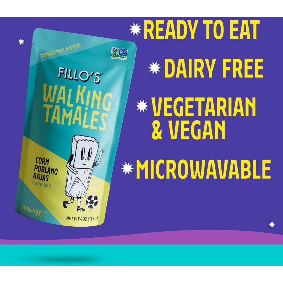 Fillo's Walking Tamales, Corn Poblano Rajas, Pk Of 7, Ready-To-Eat, Delicious, Gluten-Free, Preservative-Free, Vegan Friendly, Microwavable, Non-Gmo