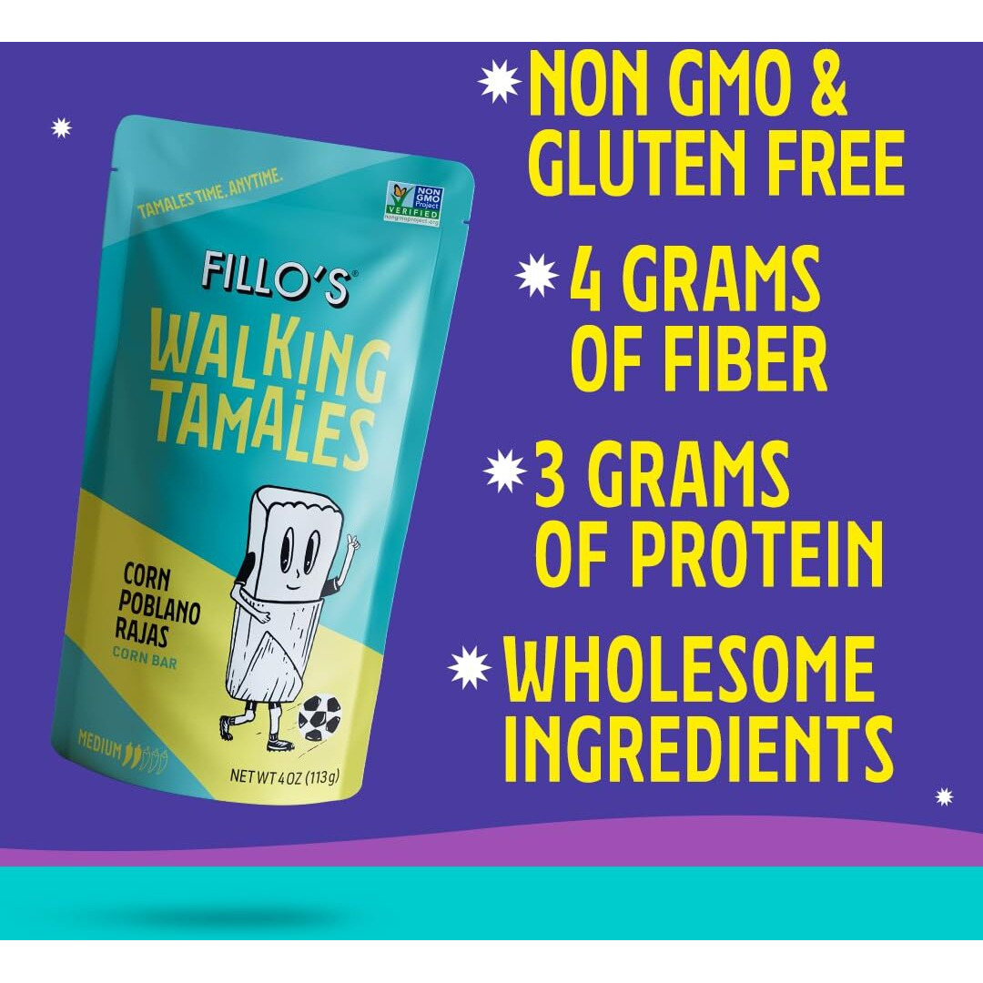 Fillo's Walking Tamales, Corn Poblano Rajas, Pk Of 7, Ready-To-Eat, Delicious, Gluten-Free, Preservative-Free, Vegan Friendly, Microwavable, Non-Gmo