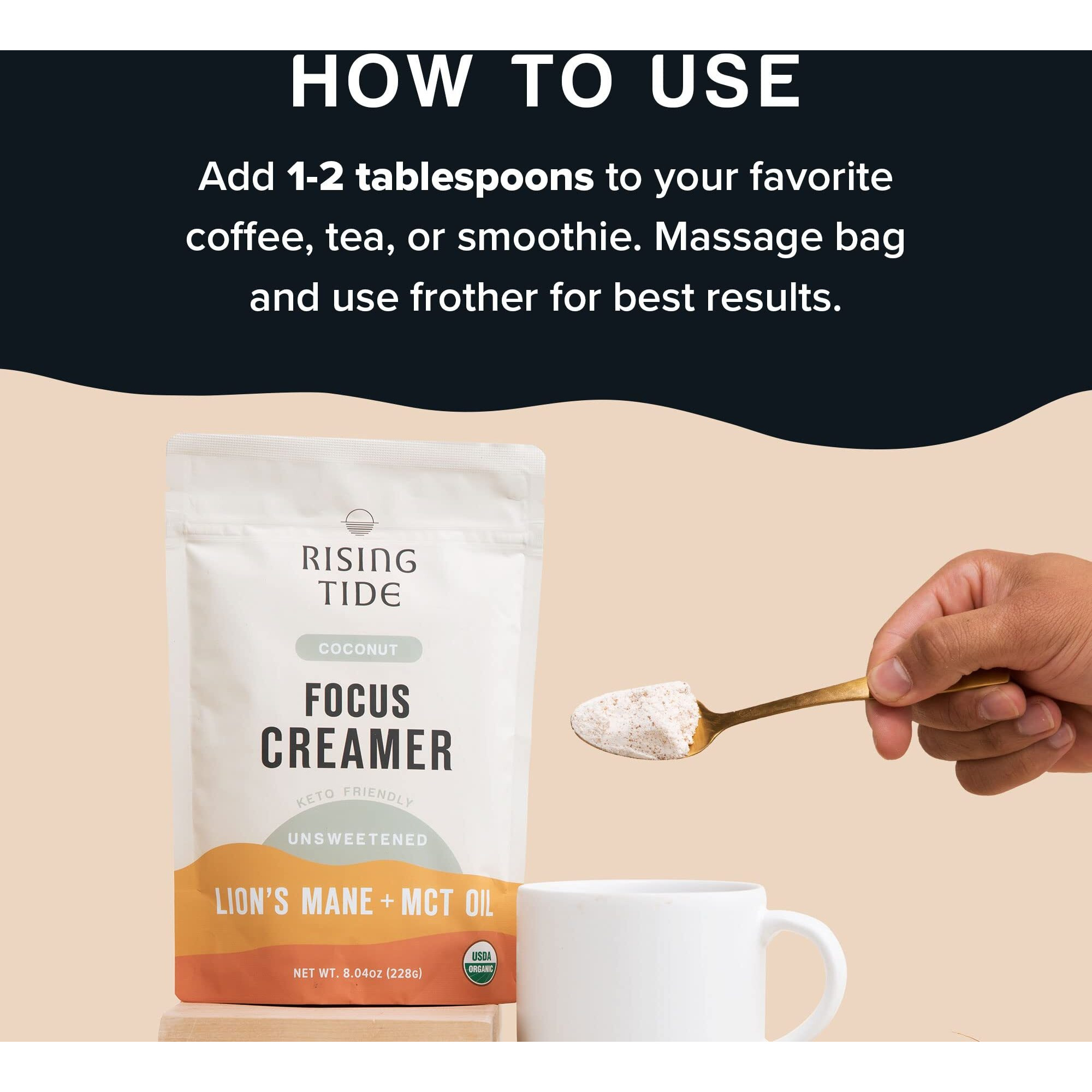 Rising Tide Focus Mushroom Coffee Creamer - Creamy Coconut Powdered Creamer - Superfood Blend For Enhanced Energy And Focus - Non-Dairy, Plant-Based, Vegan, Unsweetened - 8.04 Oz Bag