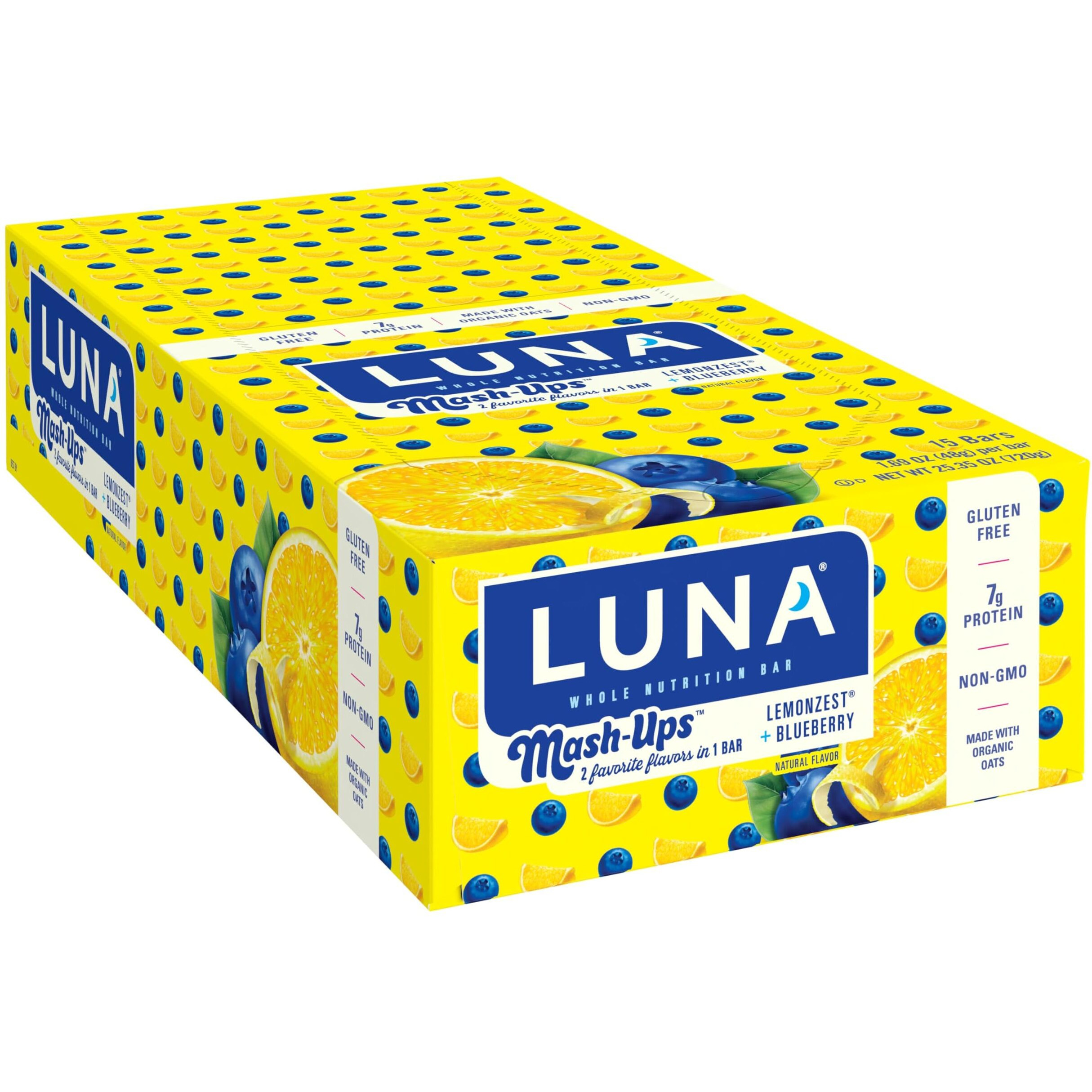 Luna Mash-Ups - Lemonzest + Blueberry Flavor - Gluten-Free - Non-Gmo - 7-9G Protein - Made With Organic Oats - Low Glycemic - Whole Nutrition Snack Bars - 1.69 Oz. (15 Count)