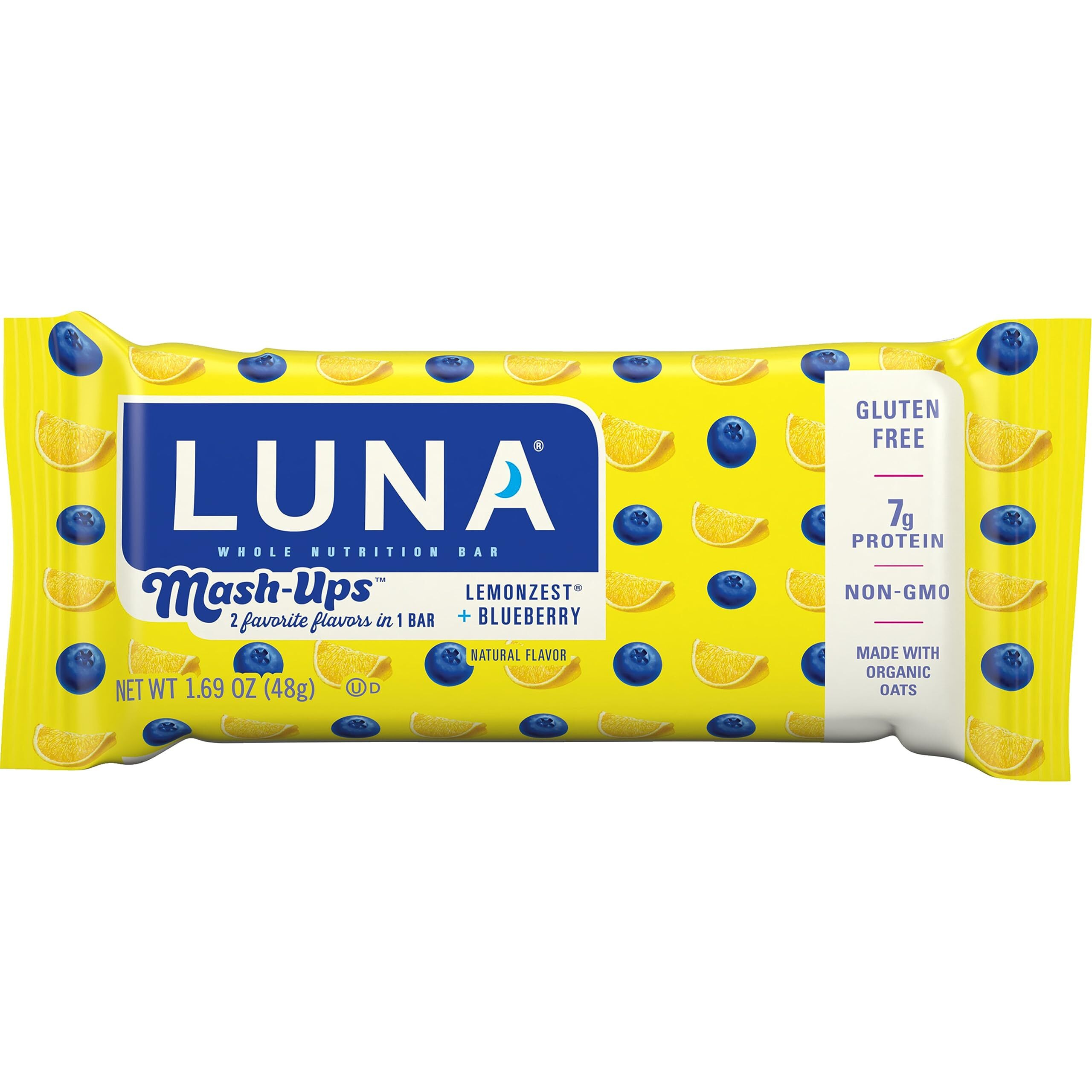 Luna Mash-Ups - Lemonzest + Blueberry Flavor - Gluten-Free - Non-Gmo - 7-9G Protein - Made With Organic Oats - Low Glycemic - Whole Nutrition Snack Bars - 1.69 Oz. (15 Count)