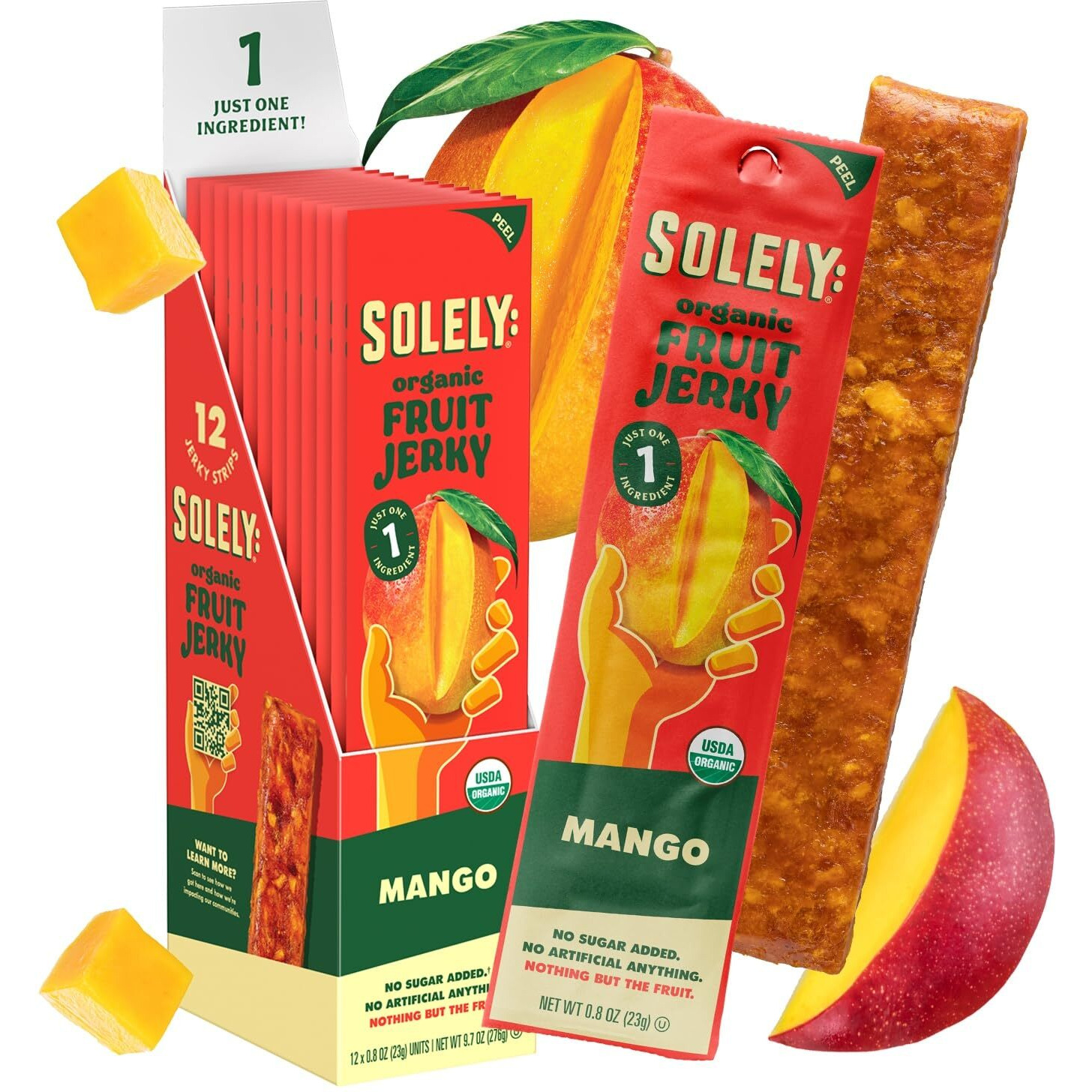 Solely - Organic Mango Fruit Jerky - 12 Individually Wrapped Fruit Strips - Fruit Leather Made From Dried Fruit - Healthy Snacks, Vegan - 0.8Oz (23G)
