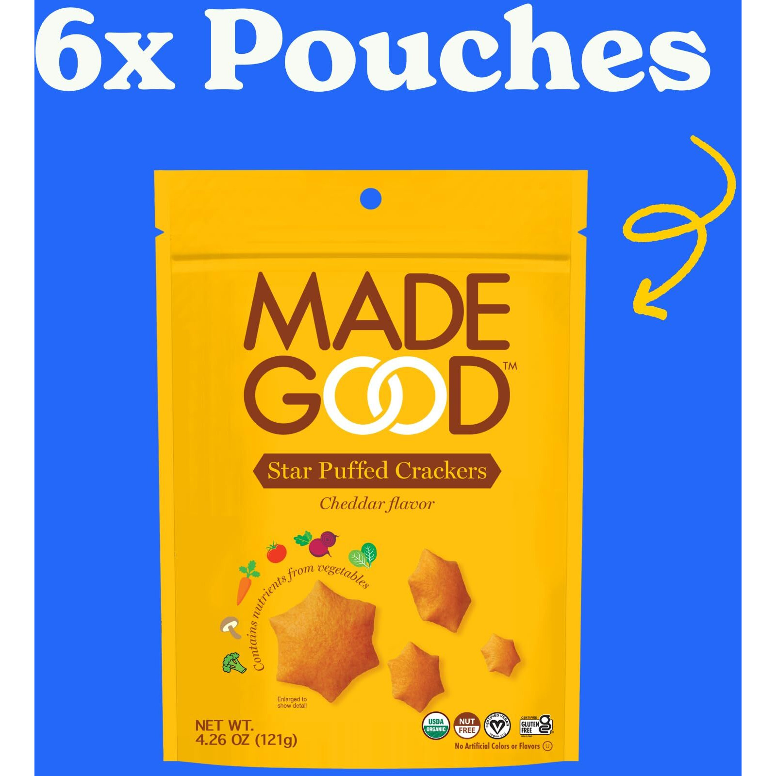 Madegood Cheddar Star Puffed Crackers (6 Bags - 4.26 Oz Each) Gluten Free And Organic Crackers, Healthy Snacks