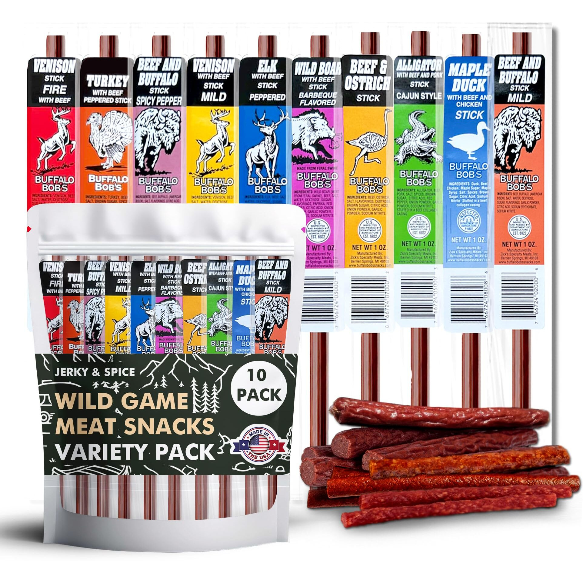 Jerky-N-Spice Wild Game Meat Sticks (10-Pack), Exotic Beef Jerky Variety Pack, Carnivore Snacks, Beef Jerkey, Beef Jerky Snack Packs, Gift Basket Men, Exotic Snacks, Meat Snacks, Gift Box Men, Carnivore Snax