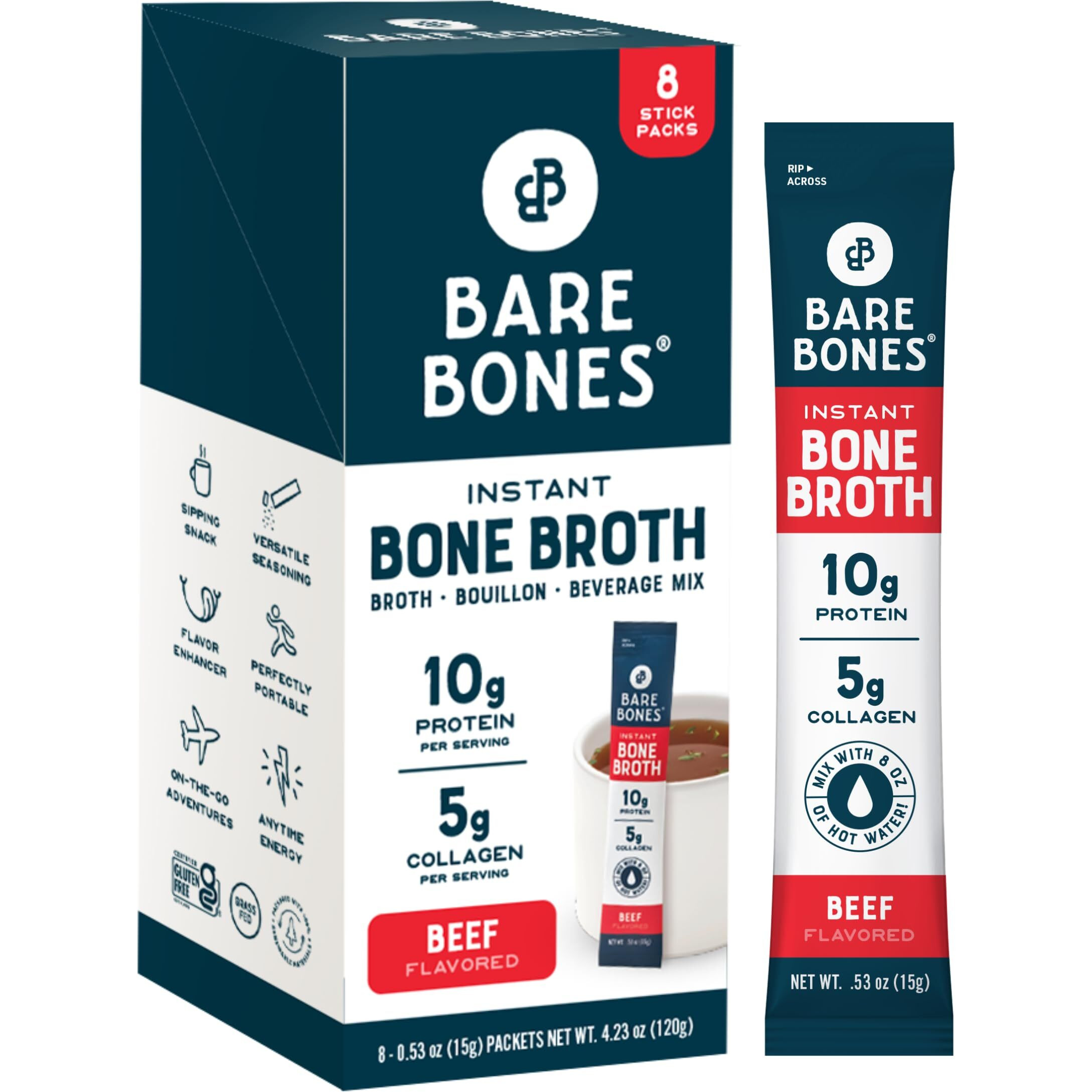 Bare Bones Beef Bone Broth Instant Powdered Mix | Rich Savory Packets On-The-Go No Artificial Flavors | 100% Grass Fed Keto & Paleo Friendly | 10G Protein | 8 Pack