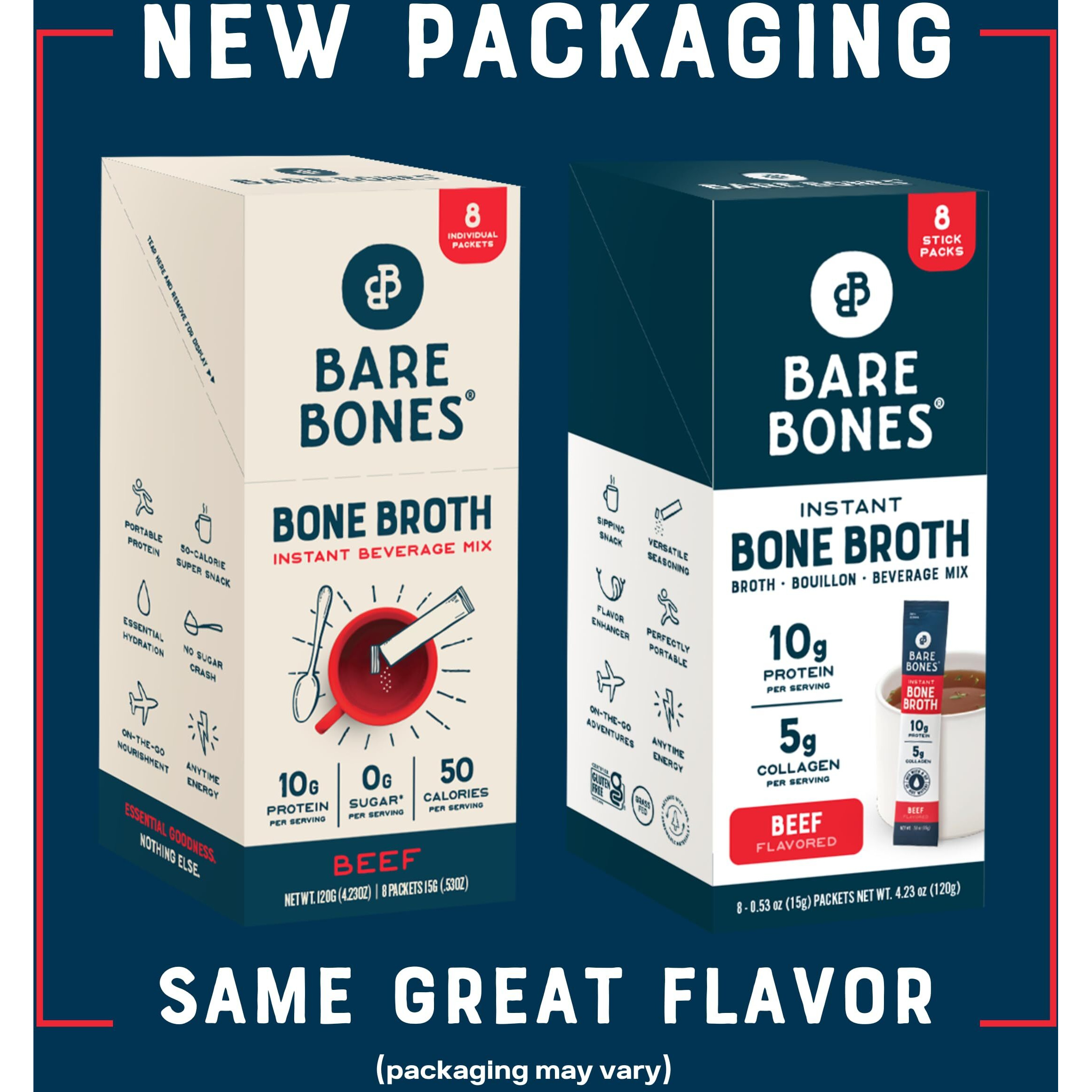 Bare Bones Beef Bone Broth Instant Powdered Mix | Rich Savory Packets On-The-Go No Artificial Flavors | 100% Grass Fed Keto & Paleo Friendly | 10G Protein | 8 Pack