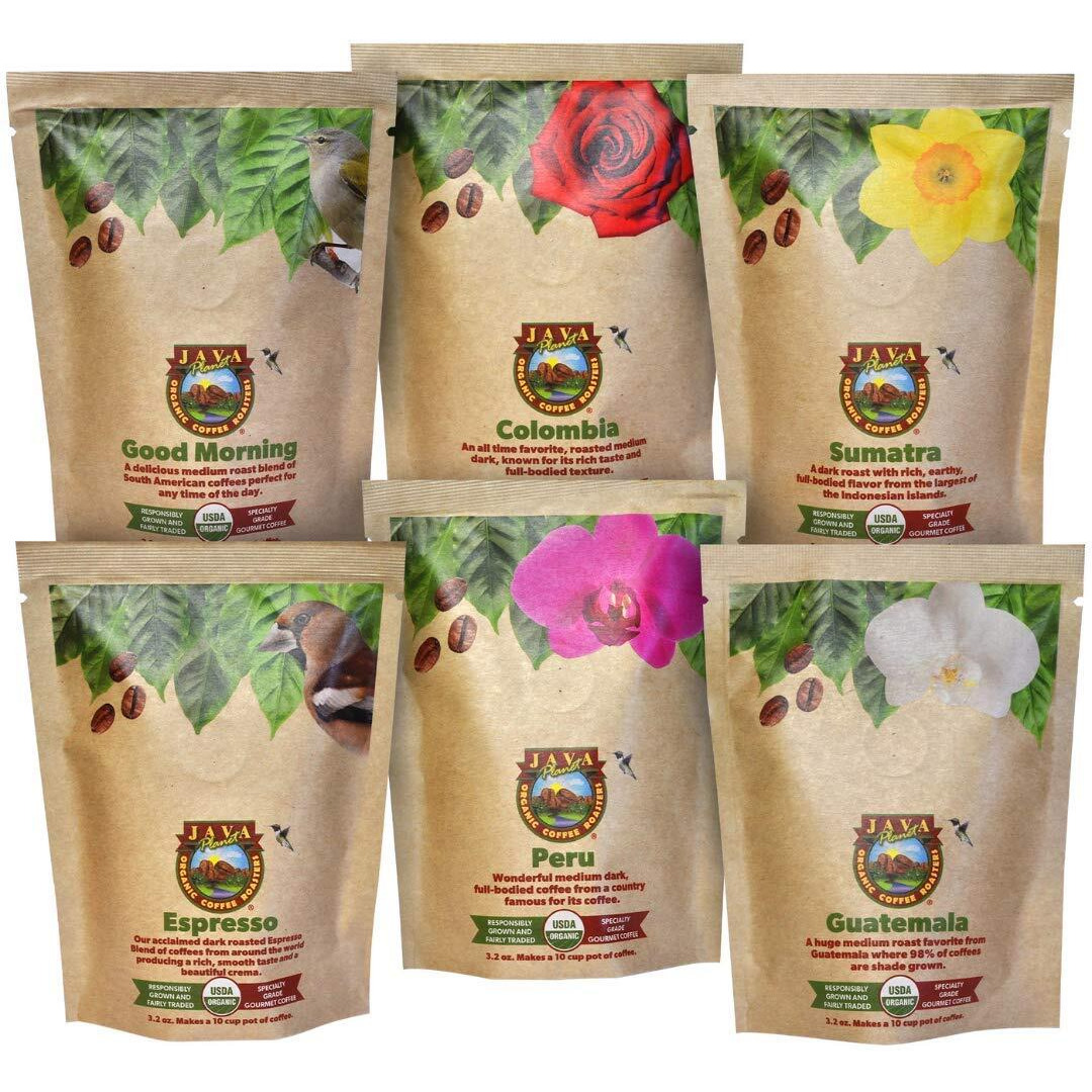 Java Planet - Coffee Beans, Organic Coffee Sampler Pack, Whole Bean Variety Pack, Arabica Gourmet Specialty Coffee, 1.32 Pounds Of Coffee Packaged In Six 3.2 Oz Bags