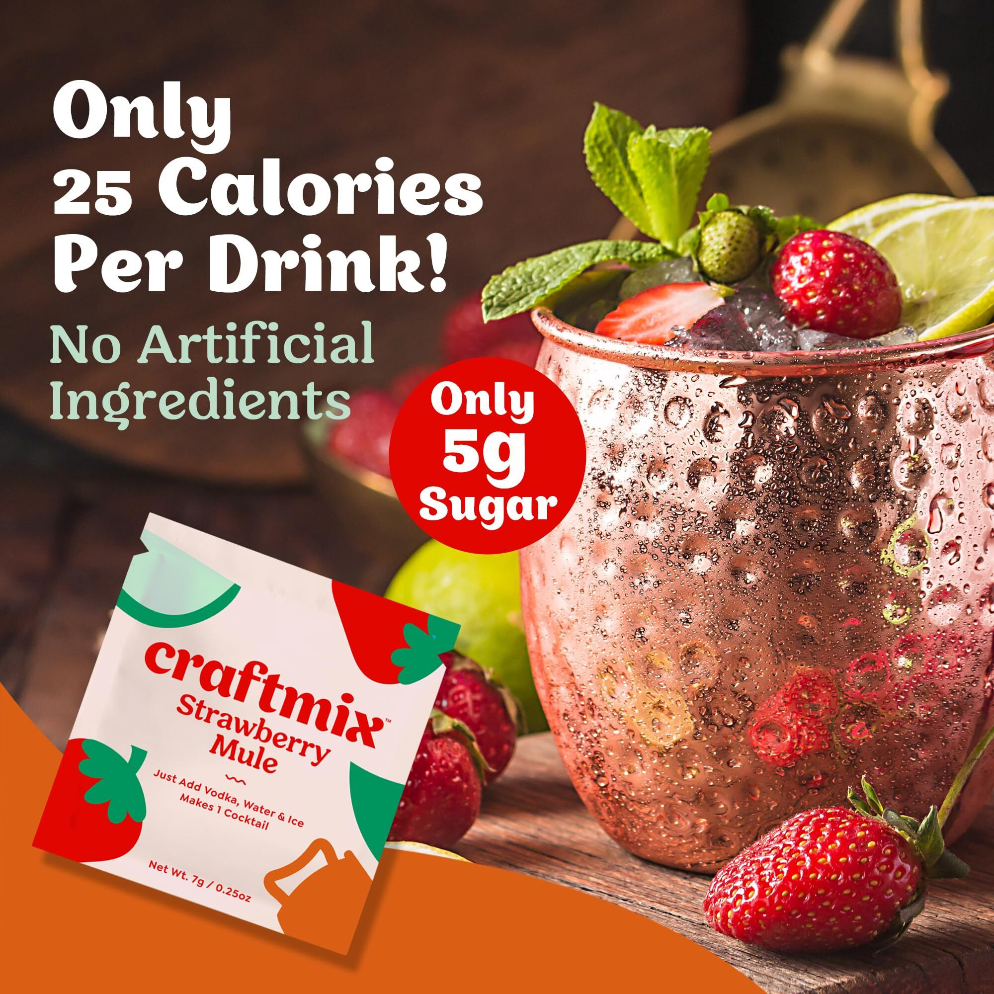 Craftmix Strawberry Mule, Makes 12 Drinks, Skinny Cocktail Mixers Moscow Mule - Mocktail Drink Mixers - Made With Real Fruit - Vegan Low-Carb, Low-Sugar, Non-Gmo, Dairy Free, Gluten Free, Easy To Mix