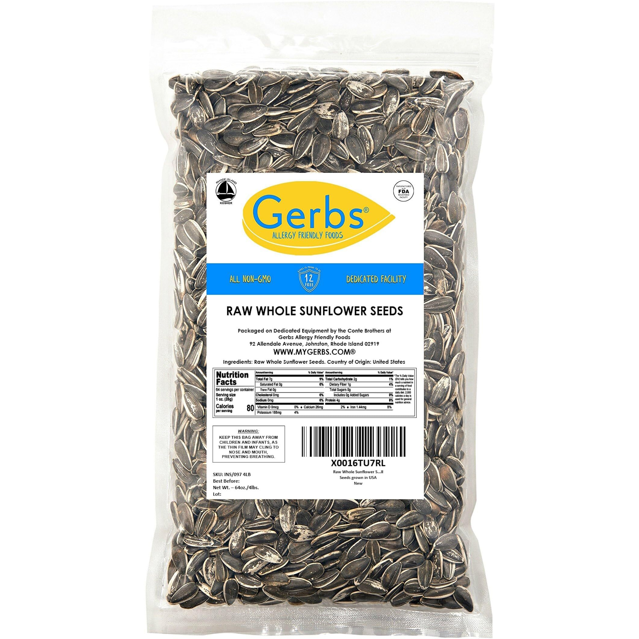 Gerbs Raw Whole Sunflower Seeds 4 Lbs. Resealable Bag | Top 14 Allergy Free | Healthy Superfood Snack | Crack Shell Eat Kernel | Grown In Usa