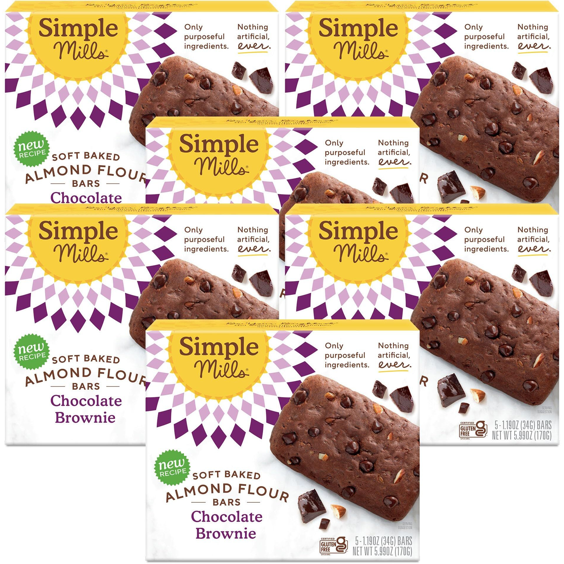 Simple Mills Soft Baked Almond Flour Bars, Chocolate Brownie, Nothing Artificial, Kosher, Grain Free, Gluten Free, 5.99 Ounce (Pack Of 6)