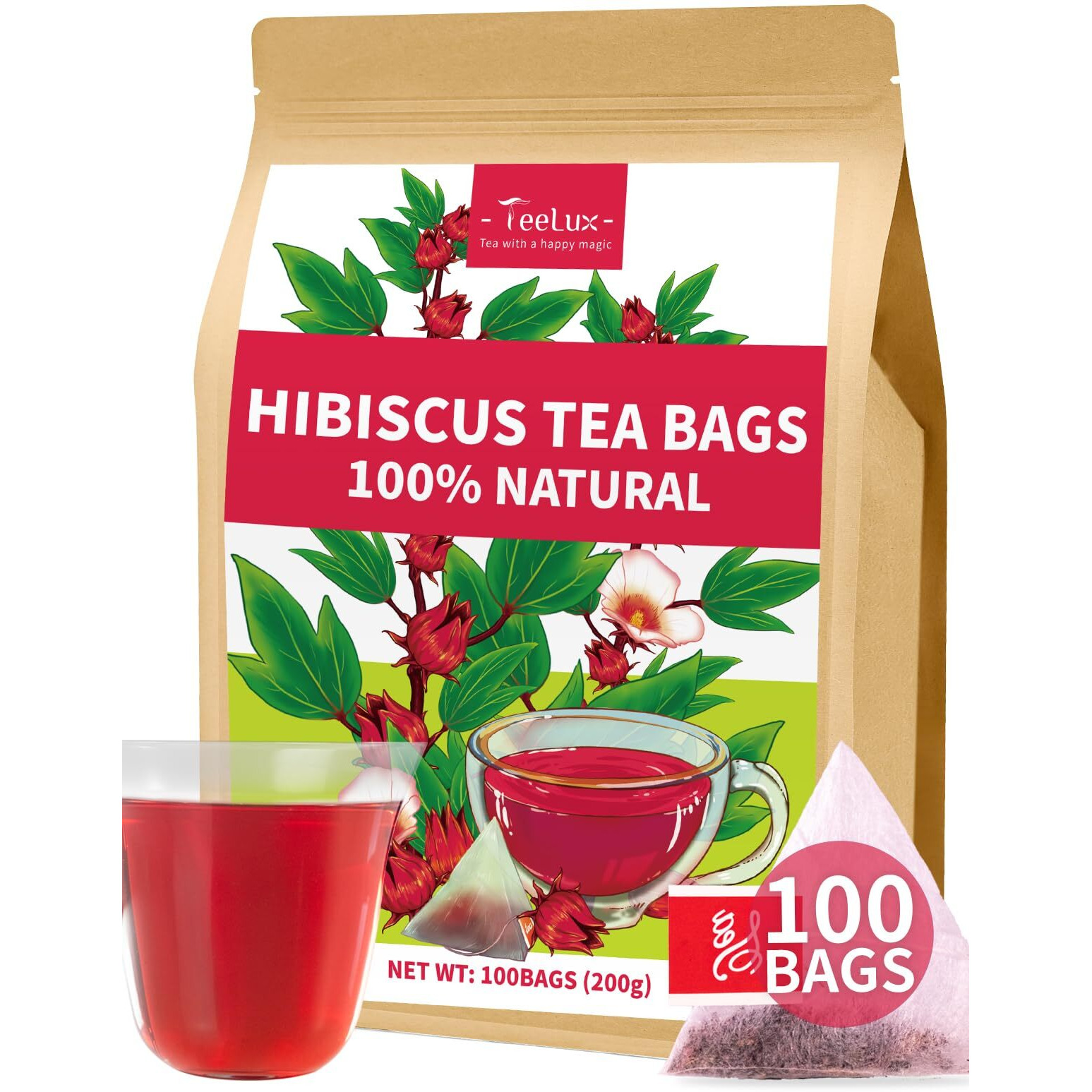 Teelux Hibiscus Tea Bags, Natural Hibiscus Flowers Herbal Tea, Caffeine Free, Refreshing Tart Flavor, Hot & Iced Tea, 100 Count