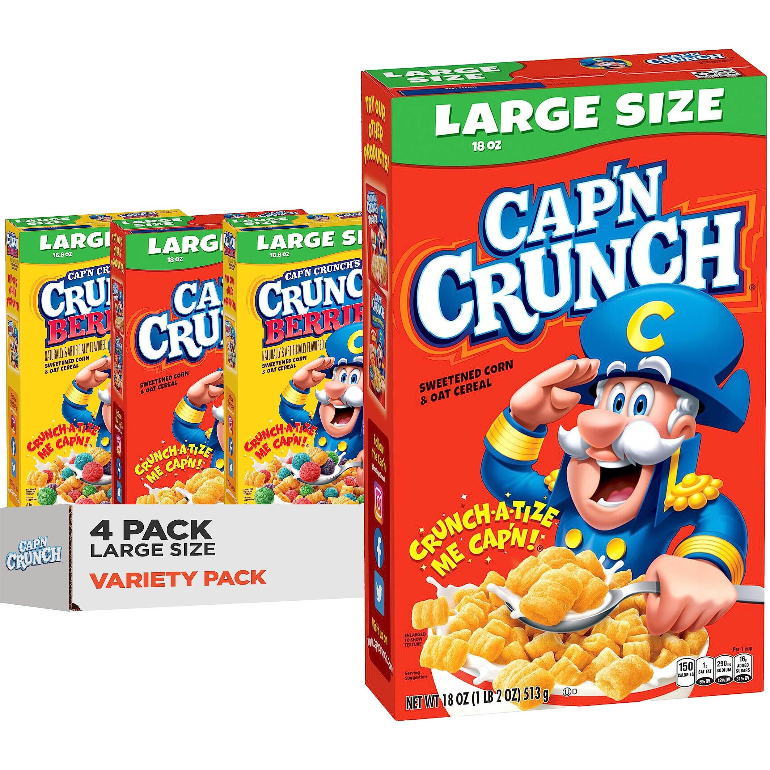 Cap'N Crunch Cereal, Original & Crunch Berries Variety Pack, Large Size Boxes, (4 Pack)