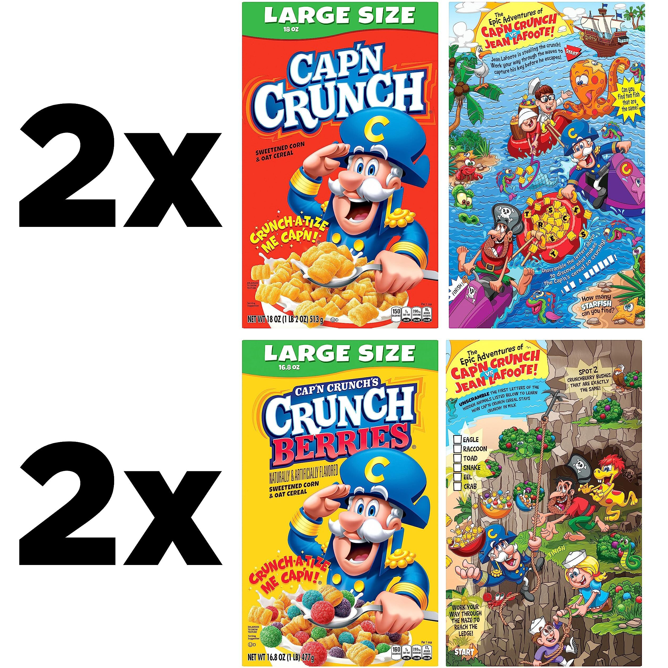 Cap'N Crunch Cereal, Original & Crunch Berries Variety Pack, Large Size Boxes, (4 Pack)