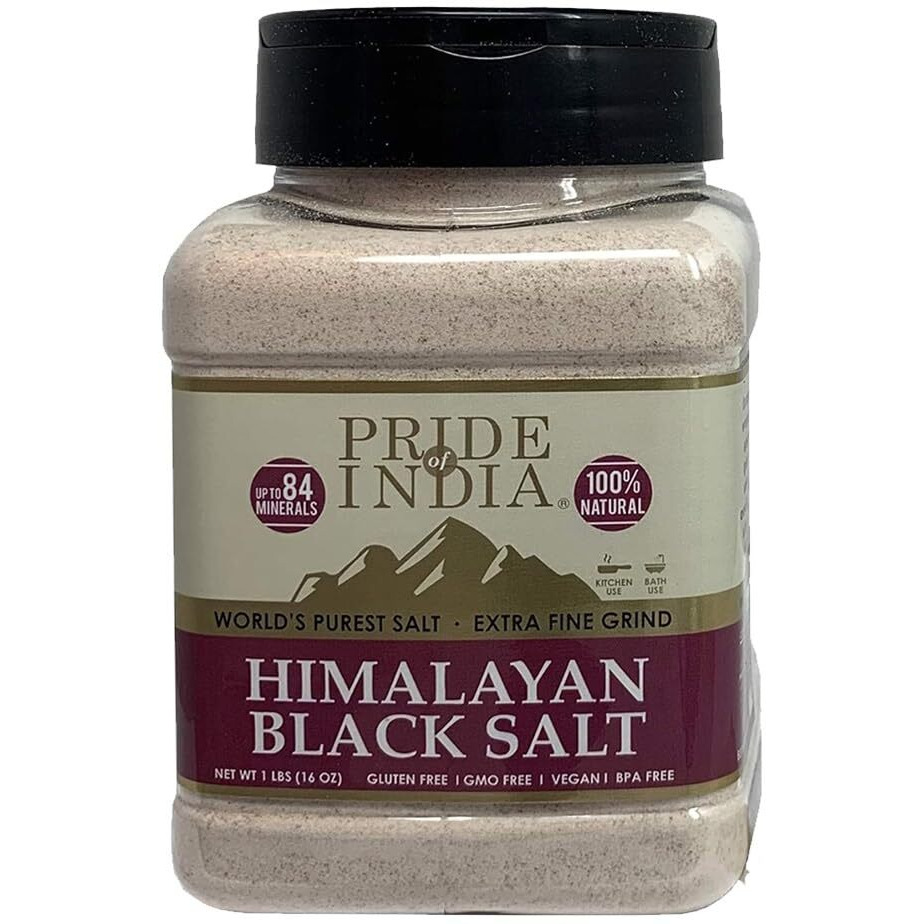Pride Of India - Himalayan Black Salt (Kala Namak) Extra Fine, 1 Pound (16Oz) Dual Sifter Jar - 84+ Natural Mineral Enriched - Great For Vegan Tofu Scrambles - Natural Faux Egg Flavor - Egg Replacment