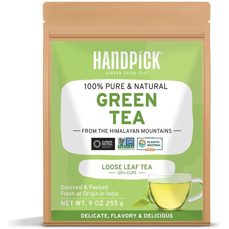 Handpick, Green Tea Loose Leaf (255G/9Oz) +100 Cups | Non-Gmo, 100% Pure Green Tea Leaves Sourced From Himalayas, India | Resealable Ziplock Pouch