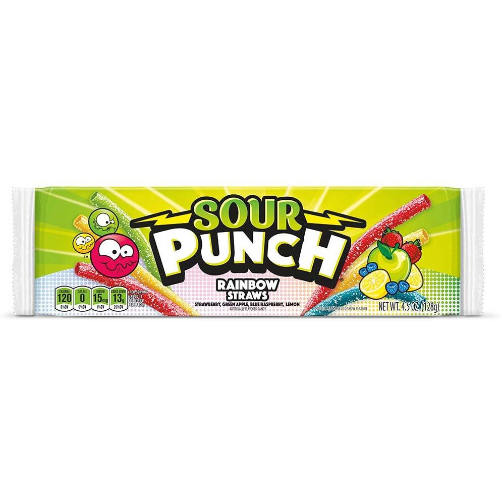 Sour Punch Straws, 4 Rainbow Fruit Flavors, Chewy Sweet & Sour Candy, 4.5Oz Tray (24 Pack)