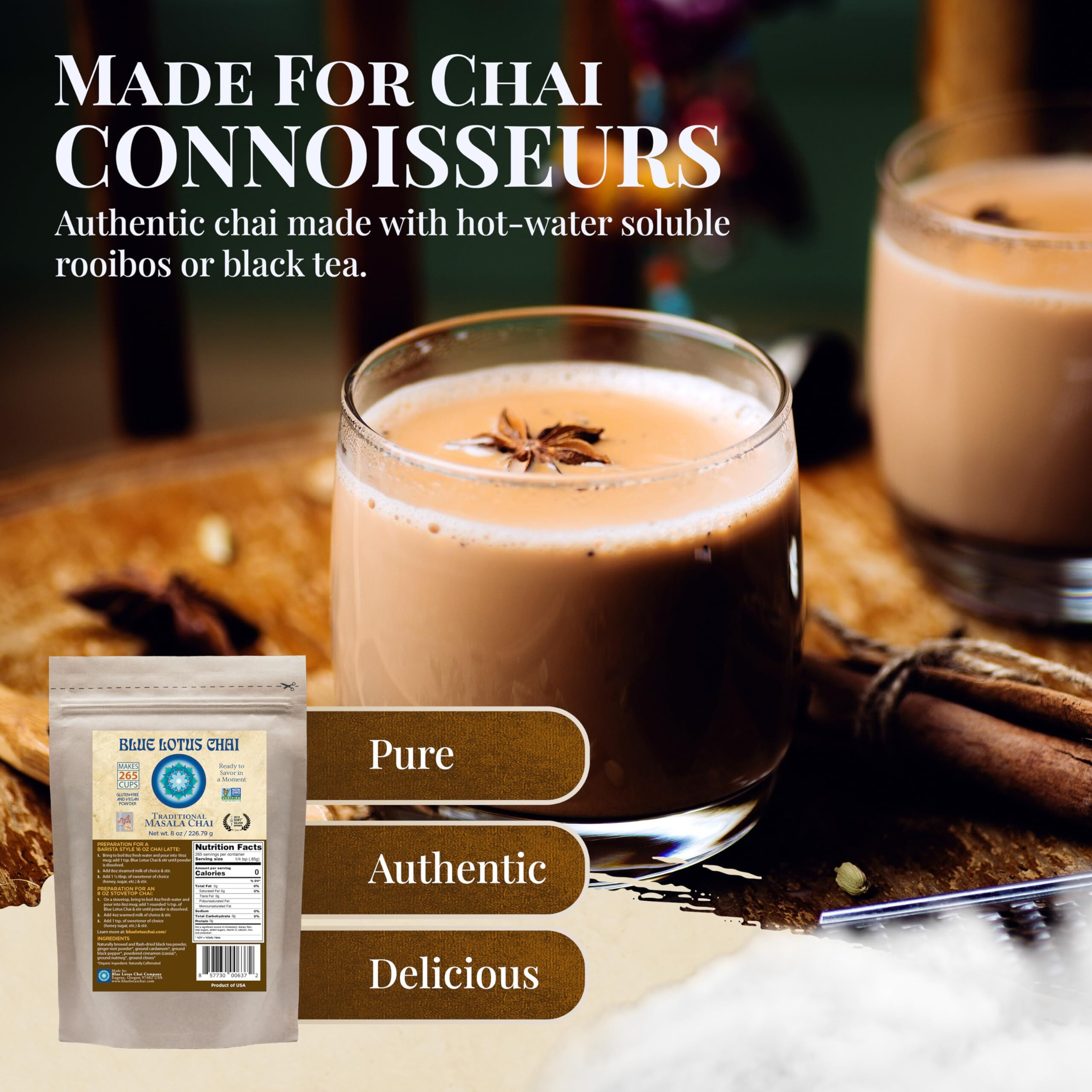 Blue Lotus Chai - Traditional Masala Chai - Makes 265 Cups - Just Add Hot Water, No Steeping, No Gluten - 8 Ounce Masala Spiced Chai Powder With Organic Spices - Authentic Indian Tea