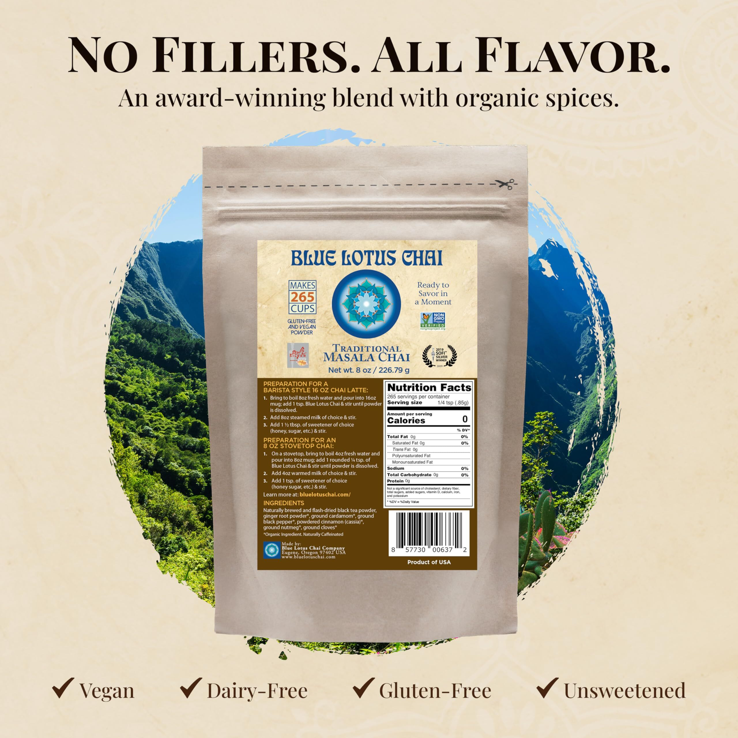 Blue Lotus Chai - Traditional Masala Chai - Makes 265 Cups - Just Add Hot Water, No Steeping, No Gluten - 8 Ounce Masala Spiced Chai Powder With Organic Spices - Authentic Indian Tea
