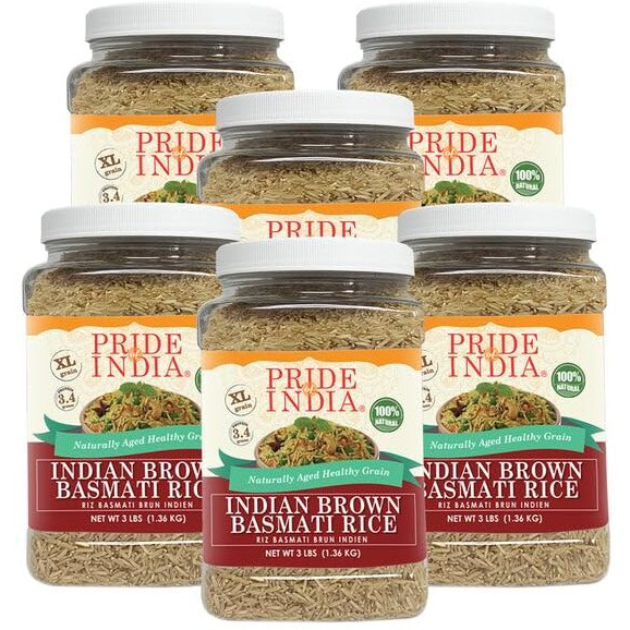 Pride Of India - Pack Of 6 - Extra Long Brown Basmati Rice - Naturally Aged Healthy Grain, 3 Lbs Jar
