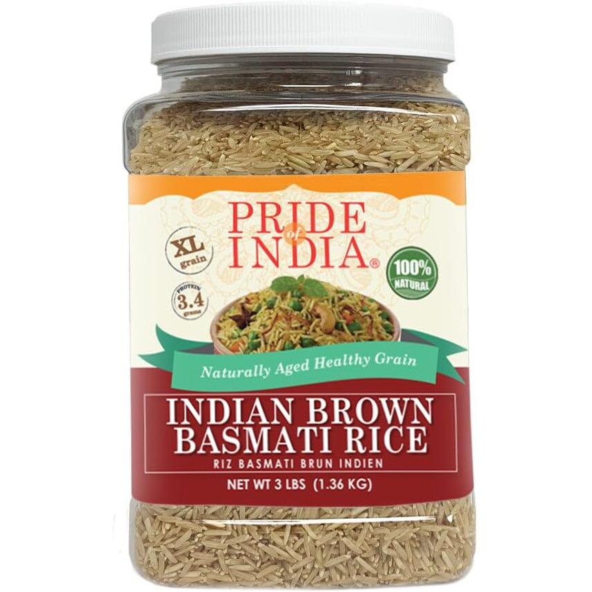 Pride Of India - Pack Of 6 - Extra Long Brown Basmati Rice - Naturally Aged Healthy Grain, 3 Lbs Jar