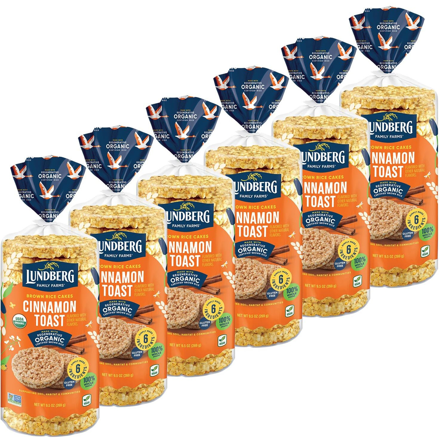 Lundberg Rice Cakes - Organic Whole Grain Cinnamon Toast Rice Cakes, Salt-Free, Healthy Snacks For Adults And Kids, Gluten-Free Snacks, Organic Snacks, Vegan, 9.5 Oz (Pack Of 6)