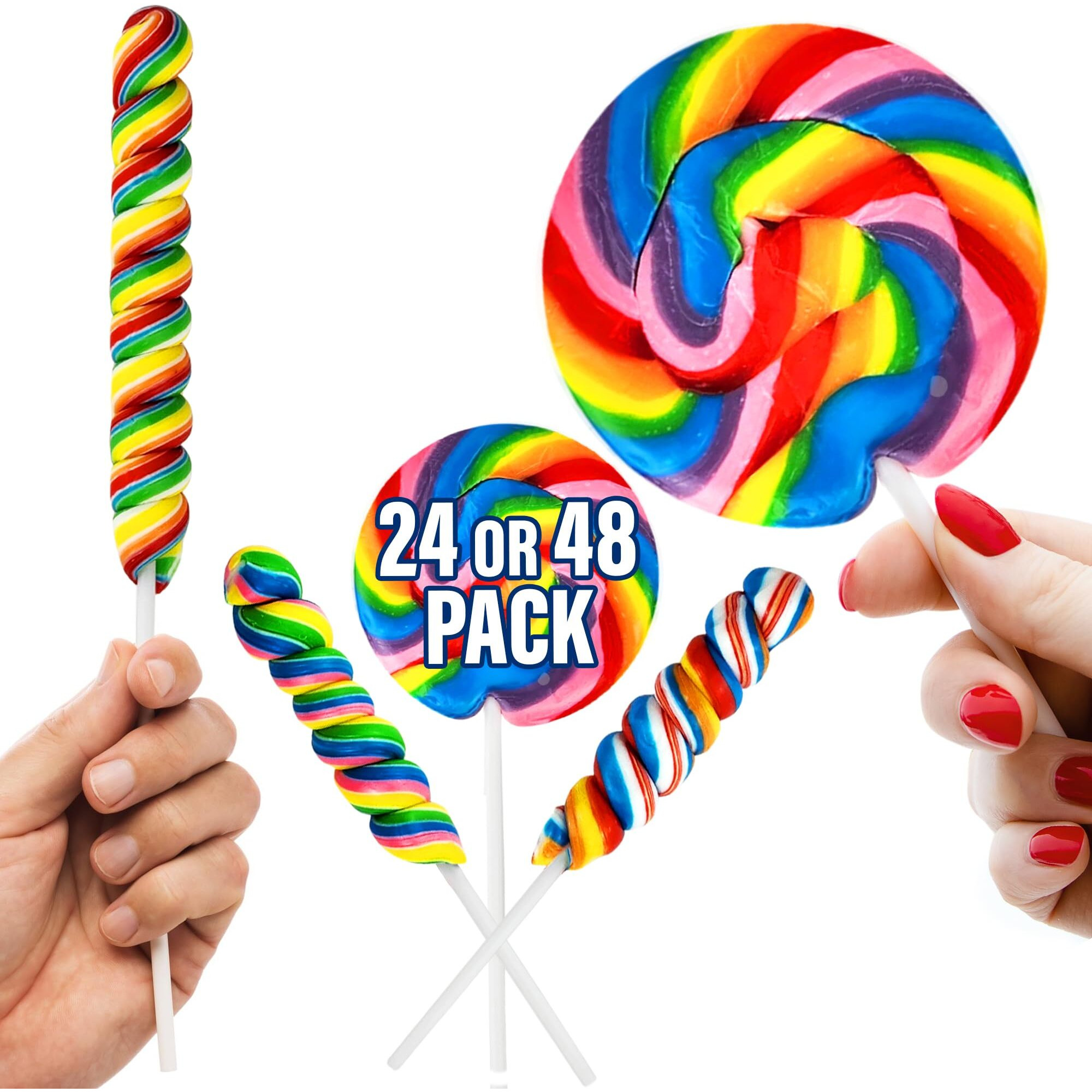 Bulk 48 Large Rainbow Lollipops -None Broken-Set Of 24 Rainbow Swirl Suckers & 24 Twisty Unicorn Pops 3 Inch, Birthday Party Favors Valentine's Day Treats (Unbreakable Secured Packing 48 Pieces)