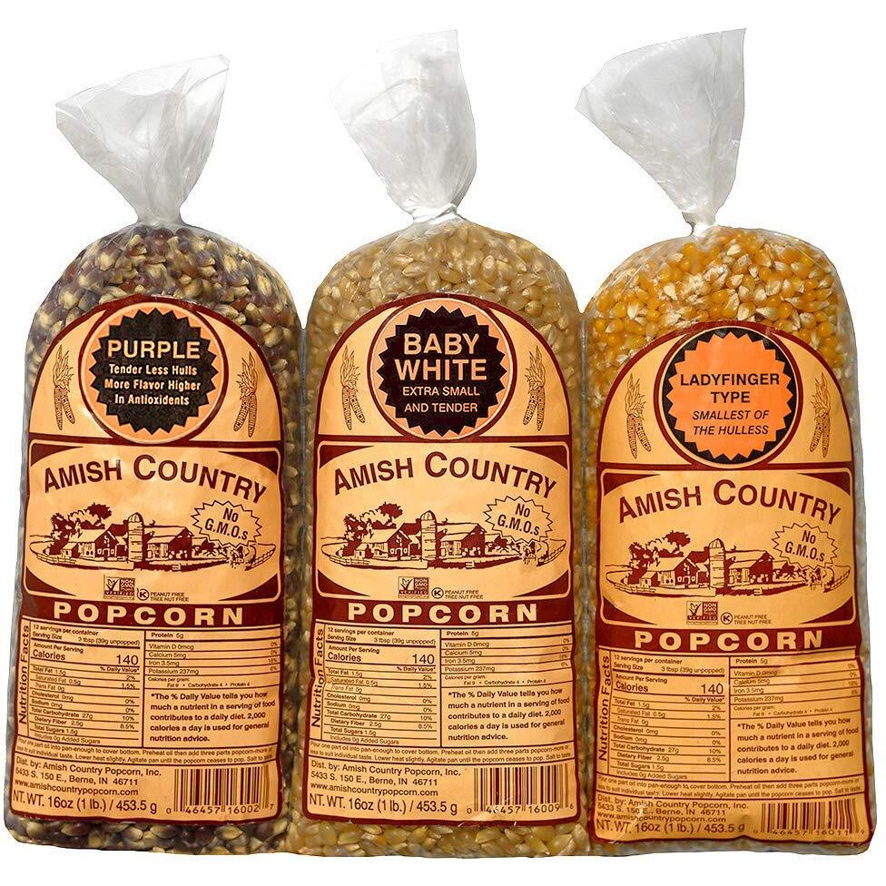 Amish Country Popcorn | 3-1 Lb Bags | 1 Lb Baby White, 1 Lb Ladyfinger, And 1 Lb Purple Popcorn Kernels Variety Pack | Old Fashioned, Non-Gmo And Gluten Free (3-1 Lb Bags)