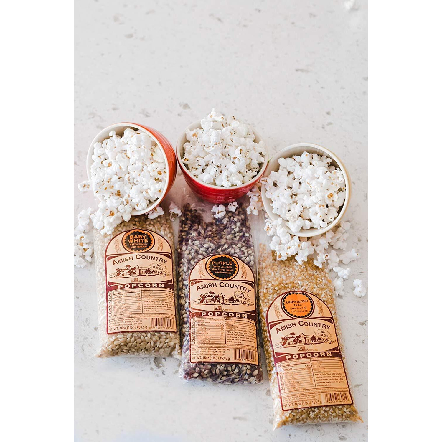 Amish Country Popcorn | 3-1 Lb Bags | 1 Lb Baby White, 1 Lb Ladyfinger, And 1 Lb Purple Popcorn Kernels Variety Pack | Old Fashioned, Non-Gmo And Gluten Free (3-1 Lb Bags)