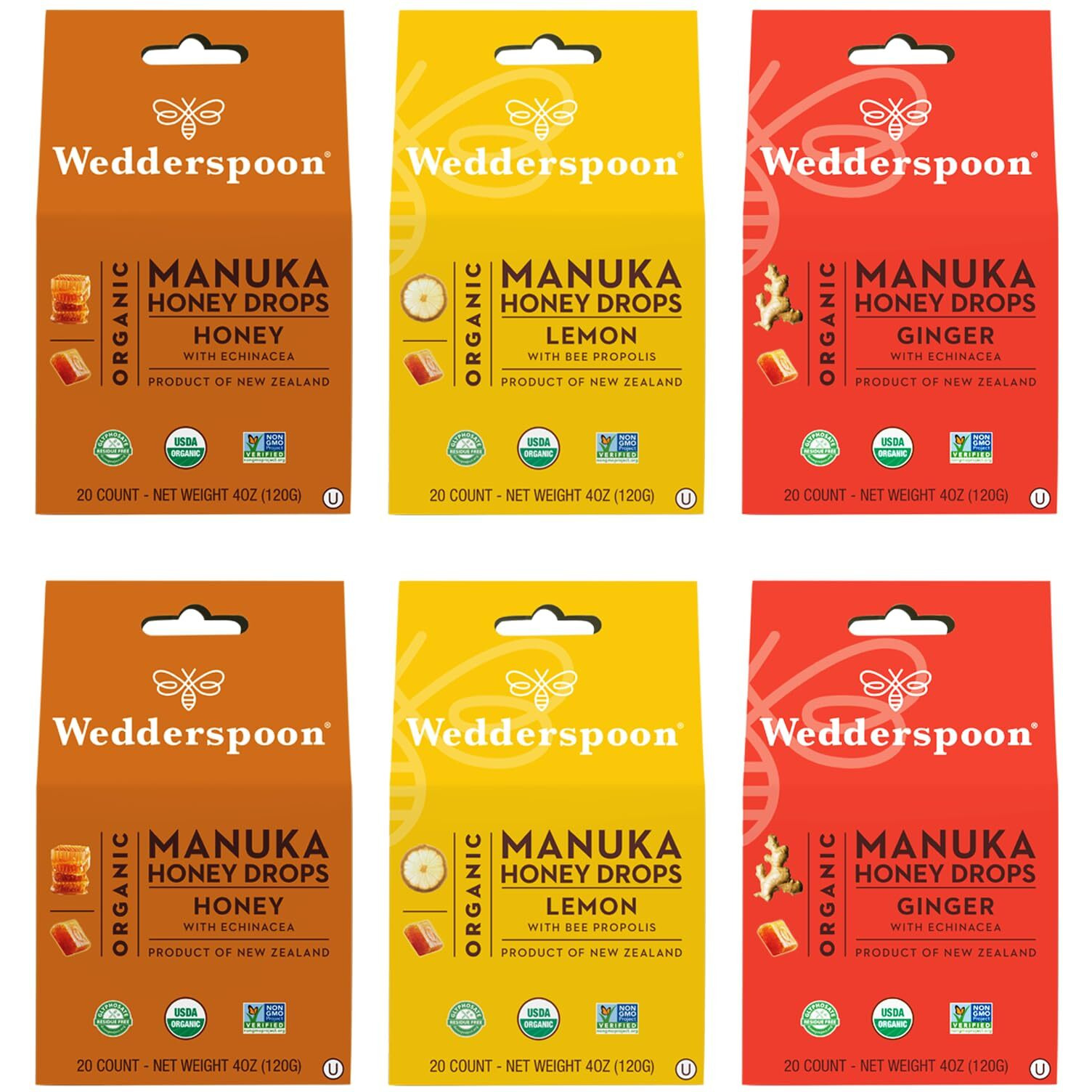 Wedderspoon Organic Manuka Honey Drops, Variety Pack, 4 Oz (Pack Of 6) - Genuine New Zealand Honey - Perfect Remedy For Dry Throats